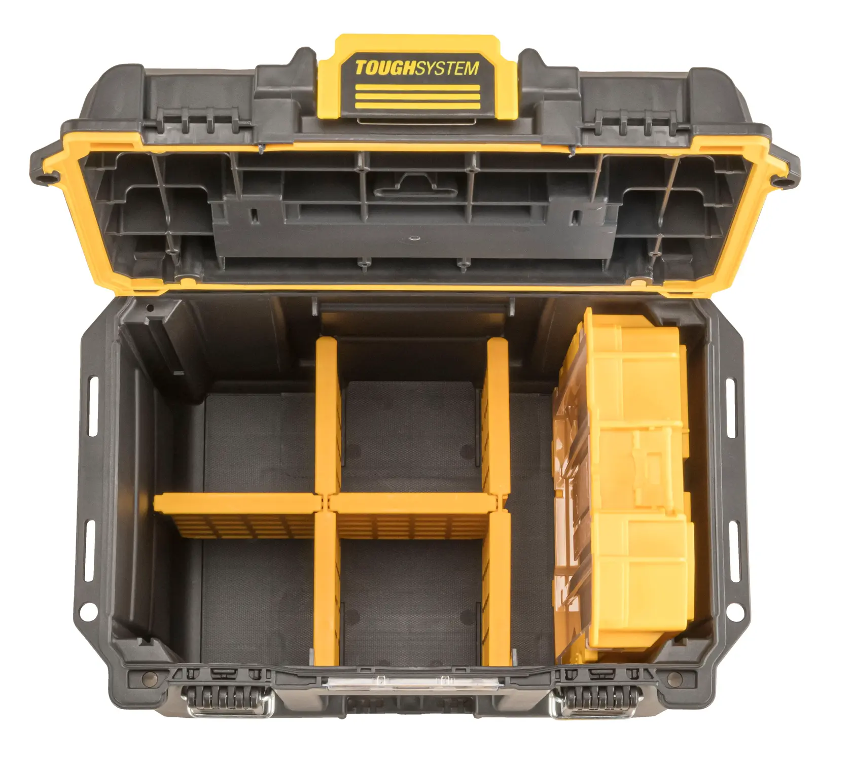 Caja de herramientas DEWALT ToughSystem abierta con divisores y una bandeja organizadora amarilla extraíble en el interior.