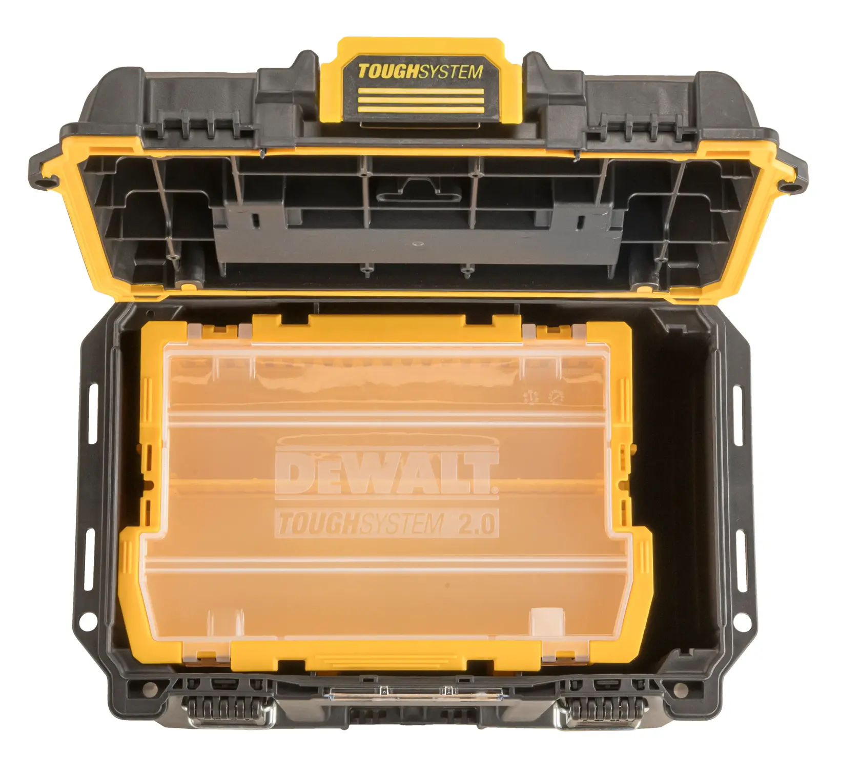 Caja de herramientas DEWALT ToughSystem 2.0 abierta, mostrando el interior y una bandeja transparente de compartimentos.