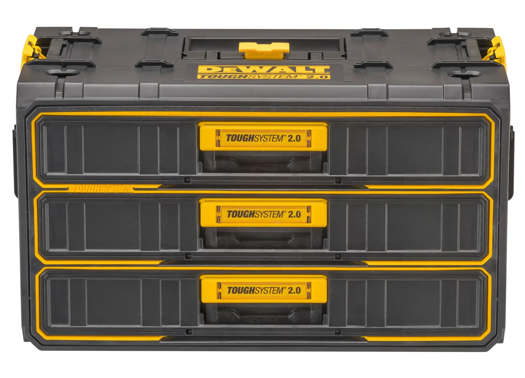 DEWALT ToughSystem 2.0 Aufbewahrungsbox mit drei schwarzen Schubladen und gelben Griffen.