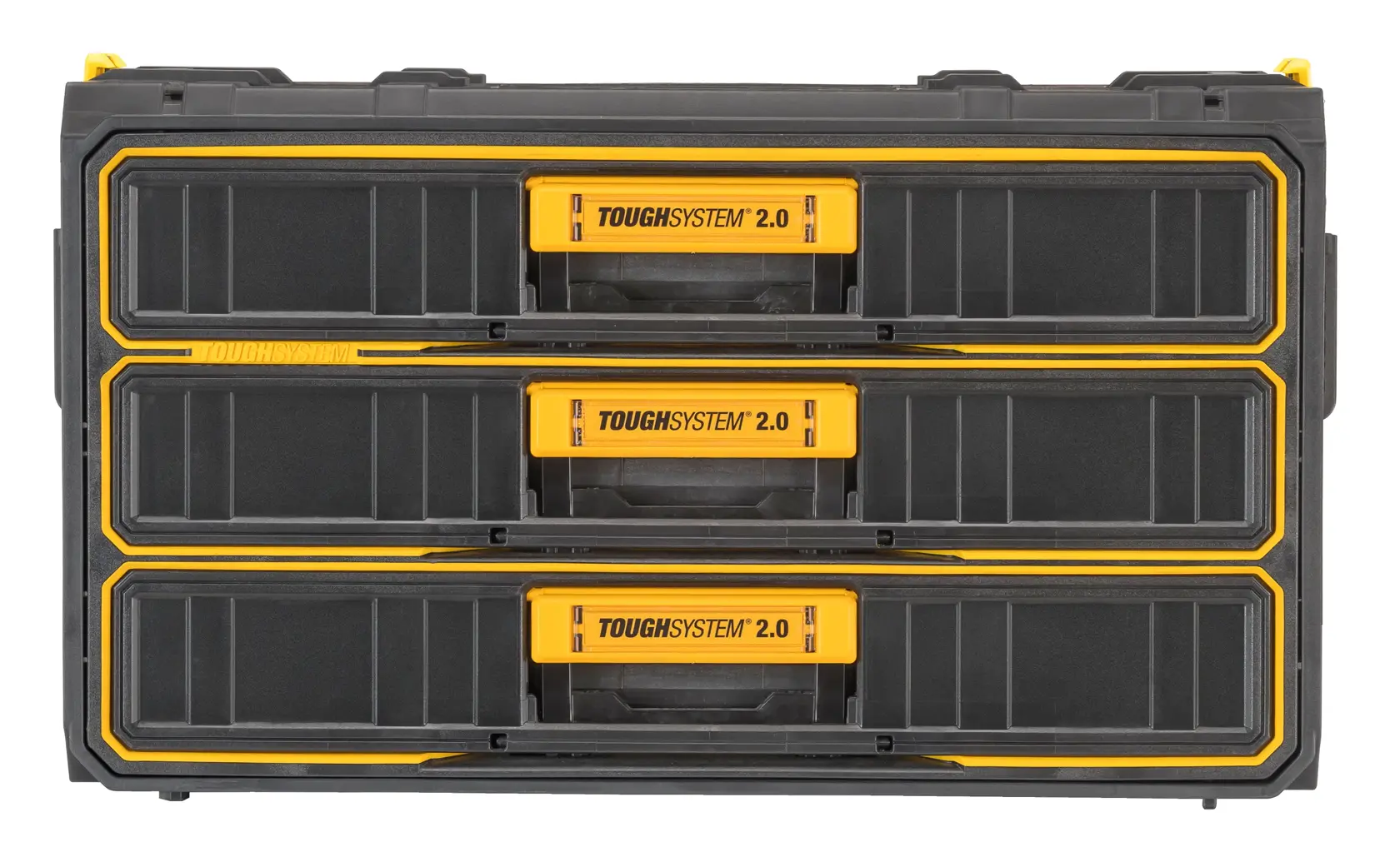 DEWALT ToughSystem 2.0 Aufbewahrungsbox mit drei Schubladen, schwarz-gelb für Werkzeuge.