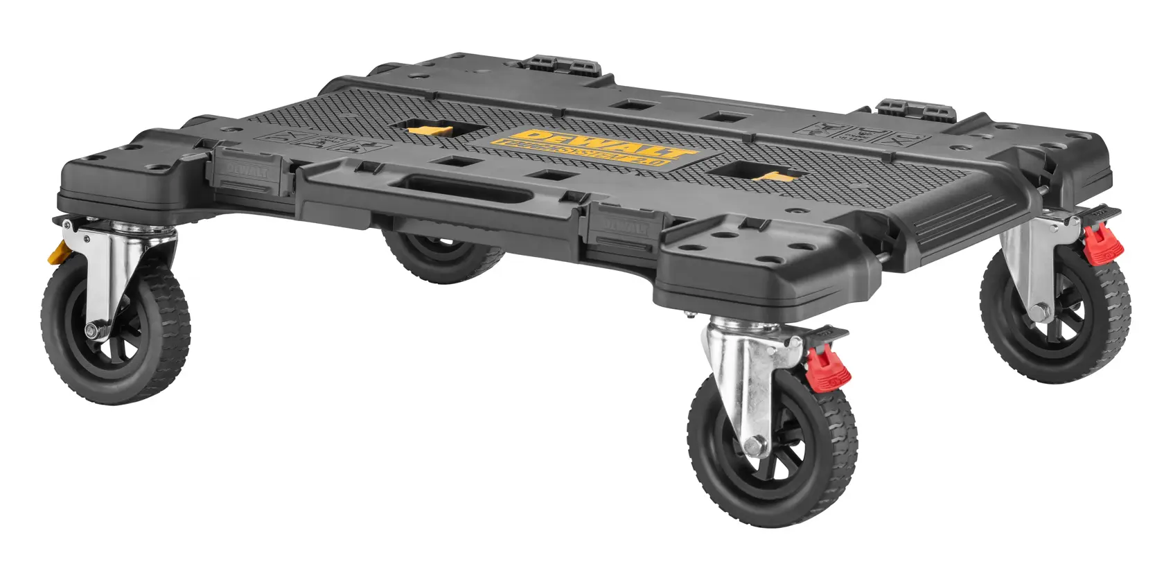 DEWALT ToughSystem 2.0 promotional graphic with the slogan 'Storage Built to Handle It' in large, bold yellow lettering on a dark, textured background.