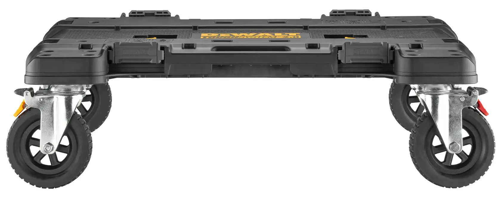 DEWALT ToughSystem 2.0 promotional graphic with the slogan 'Storage Built to Handle It' in large, bold yellow lettering on a dark, textured background.