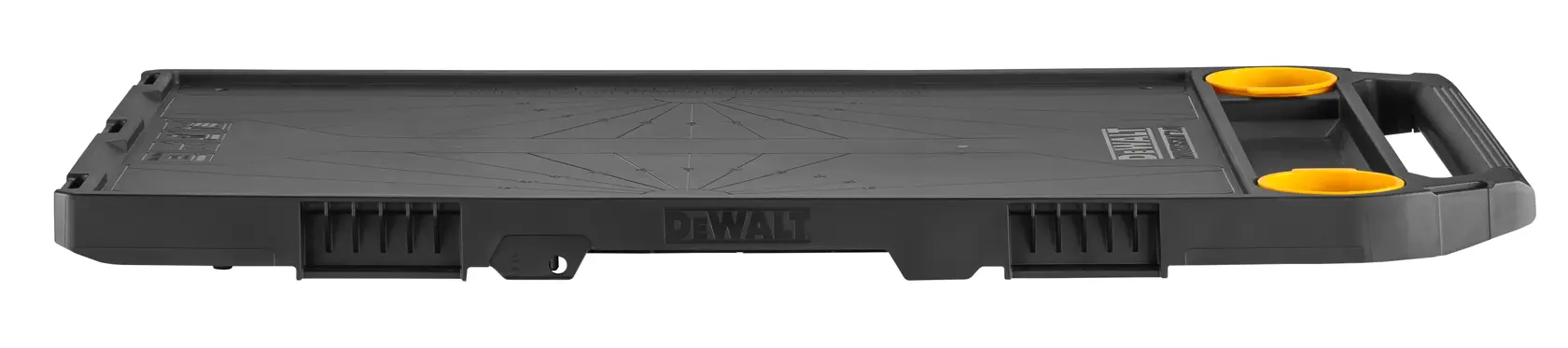 Graphique promotionnel DEWALT ToughSystem 2.0 avec le slogan 'Storage Built to Handle It' en grandes lettres jaunes sur un fond sombre texturé.