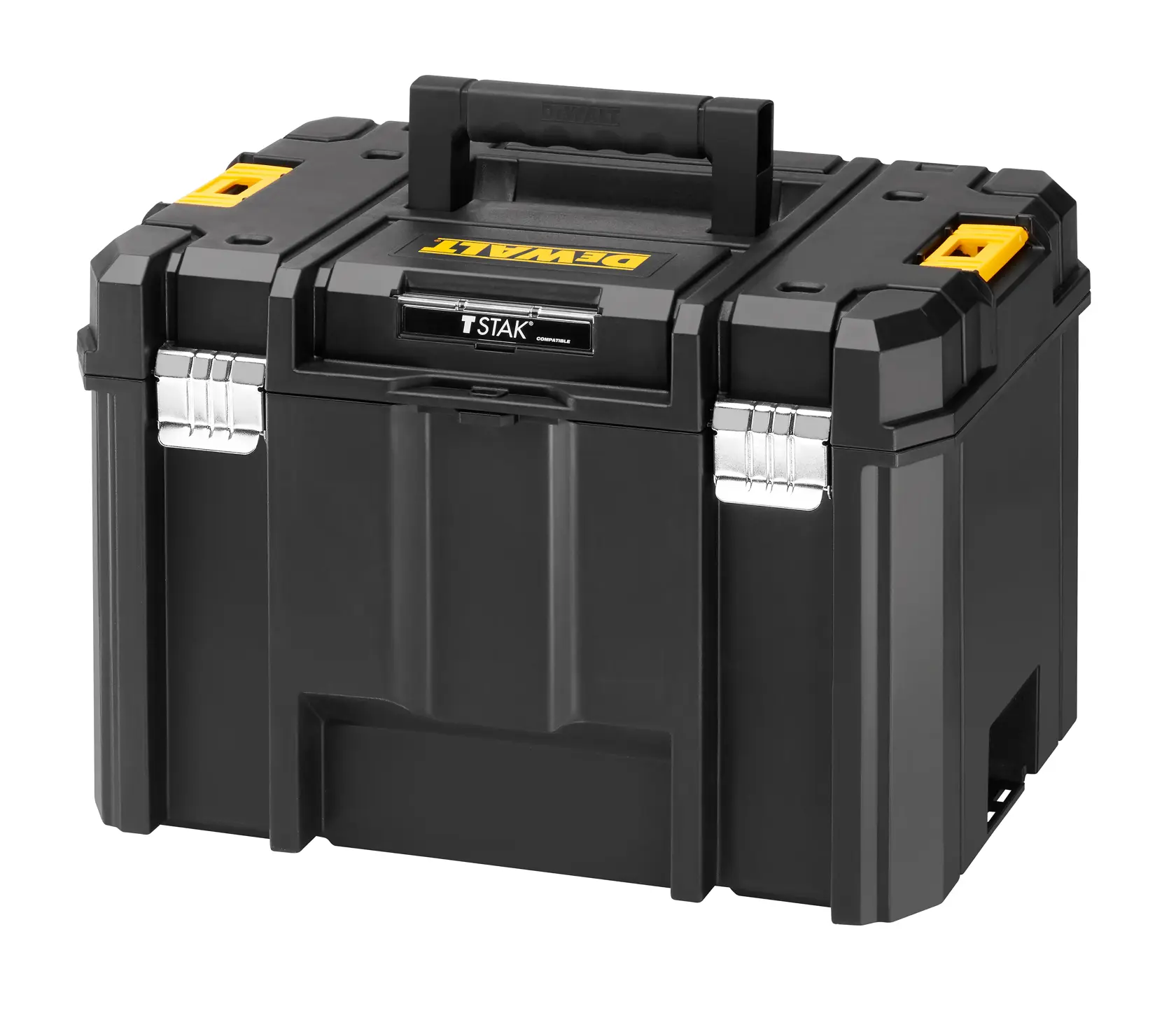 DEWALT TSTAK scatola porta attrezzi nera con manico, chiusure metalliche e dettagli gialli su sfondo bianco.