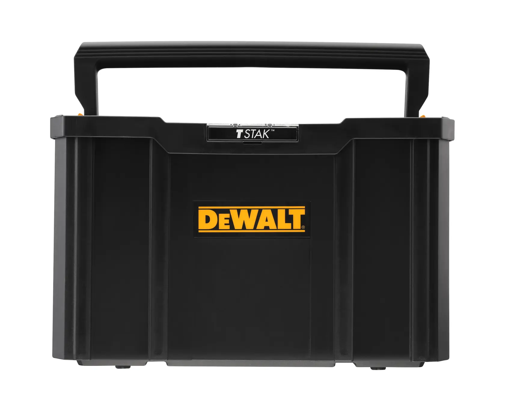 Caja de herramientas DEWALT TSTAK negra con asa y logo amarillo DEWALT en el centro, forma rectangular.