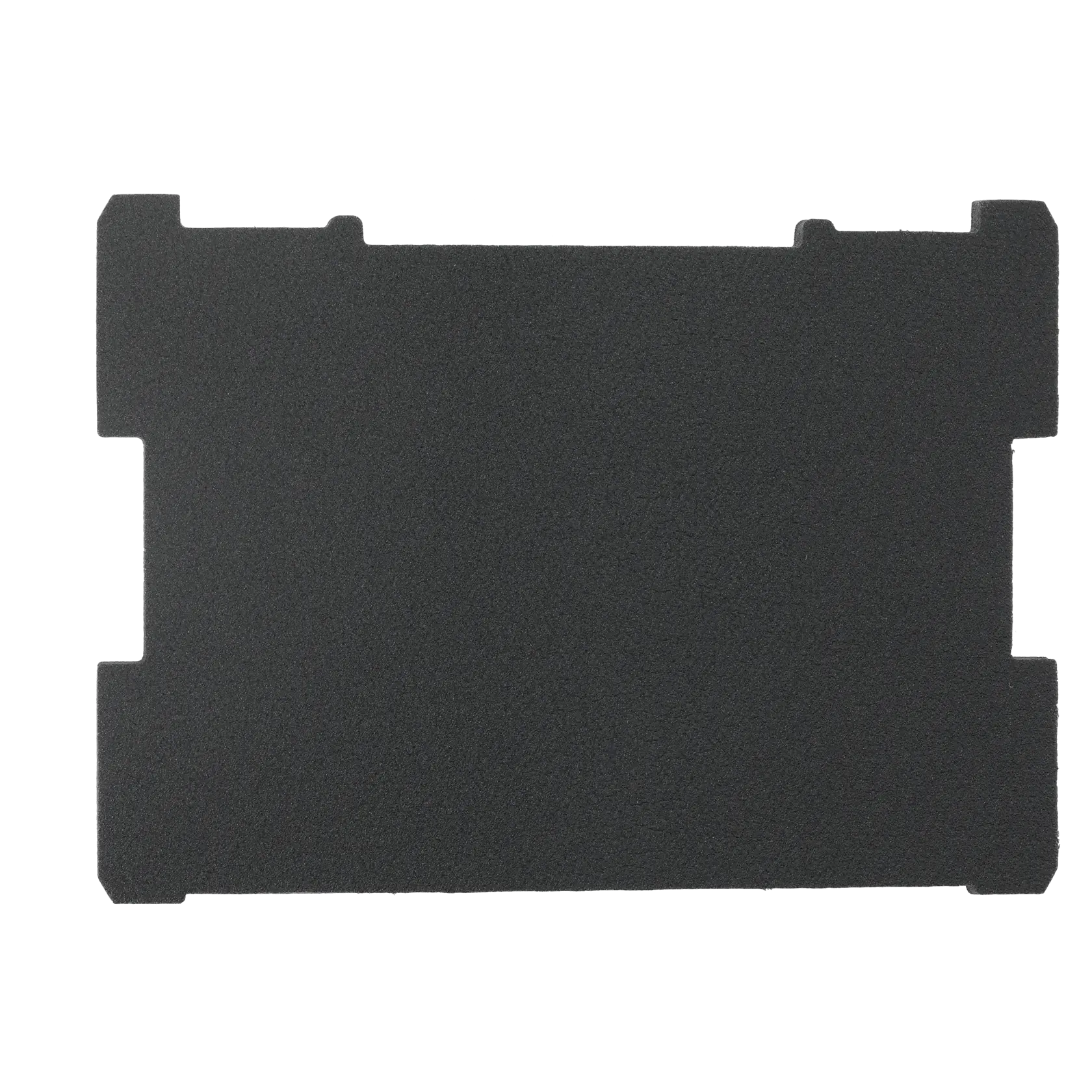 Rectangular black foam insert with notched edges, designed for tool storage or protection.