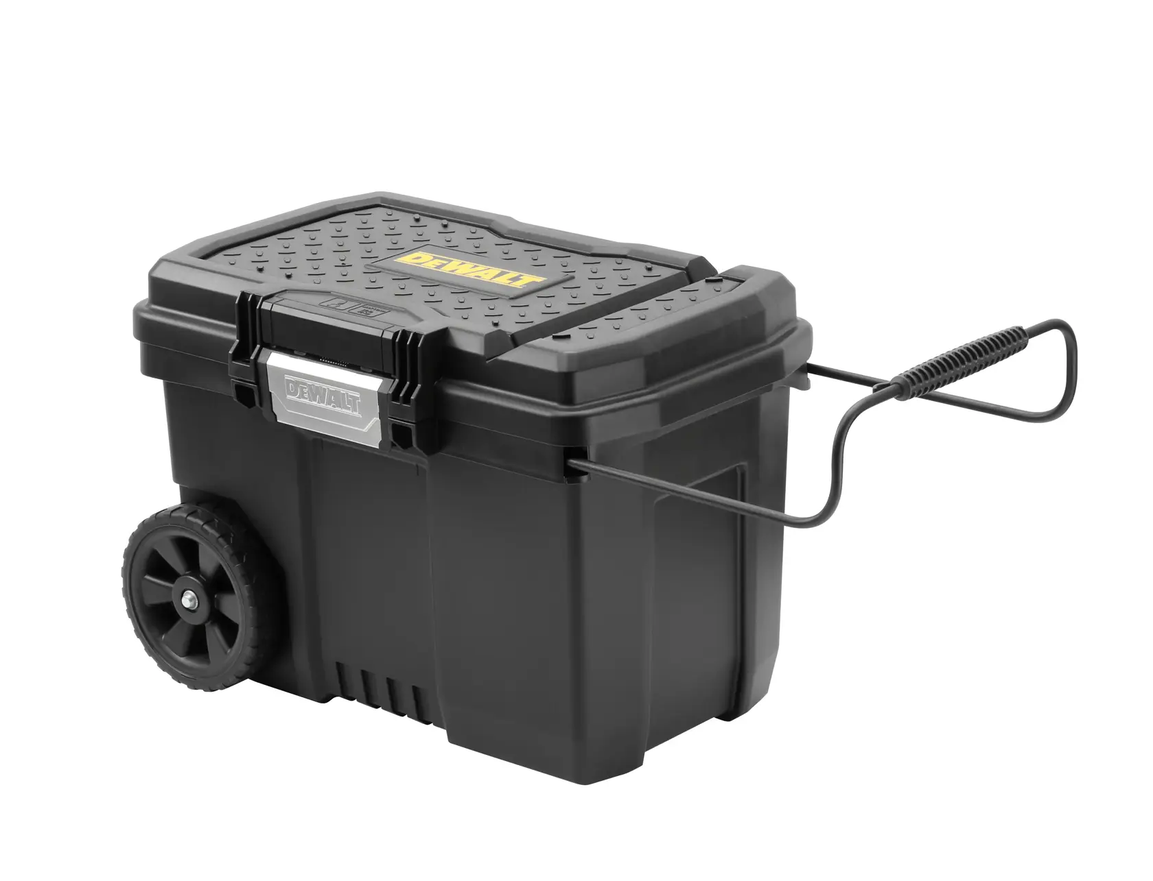 Black DEWALT wheeled toolbox with a metal handle, closed lid, and rugged design for portable storage.
