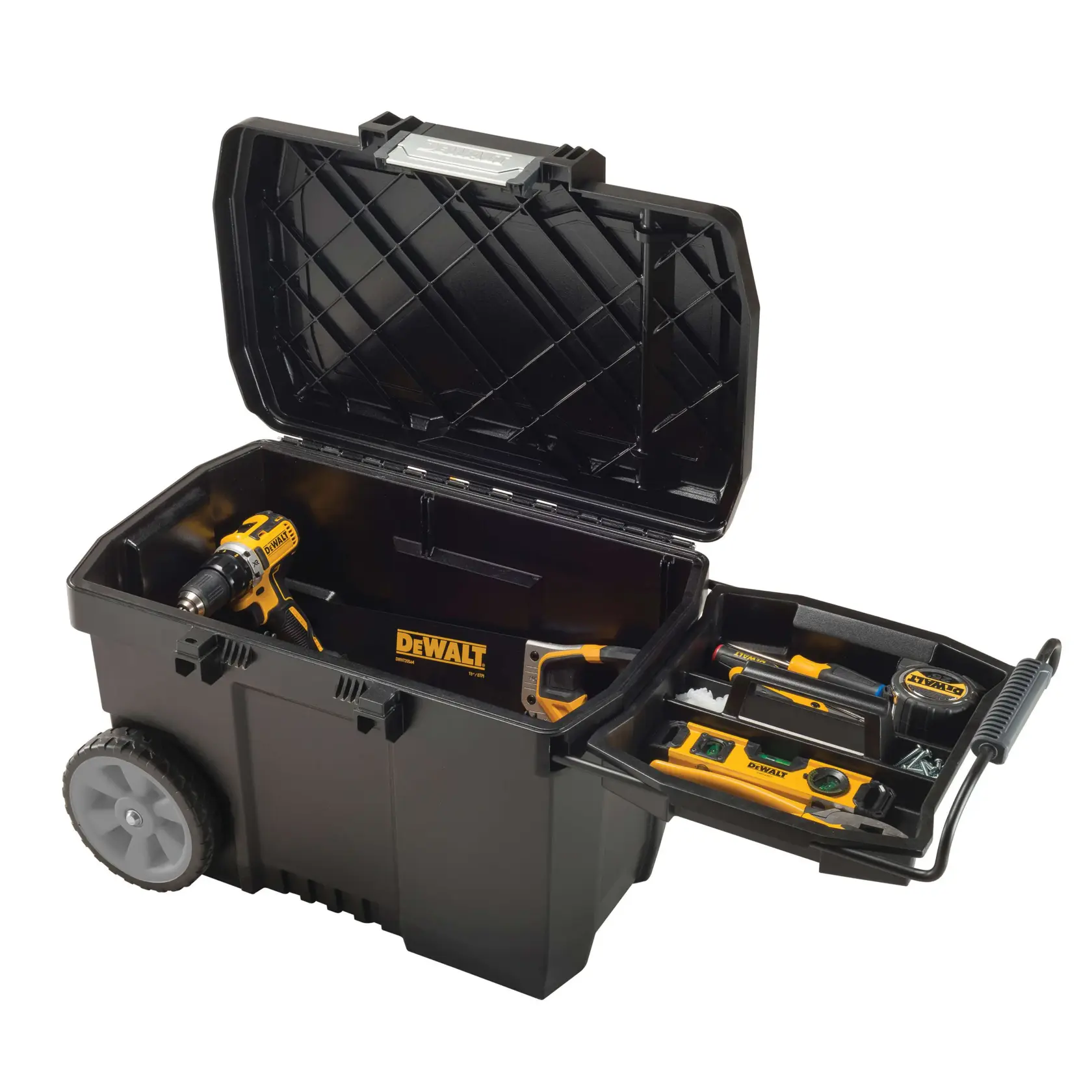 Open DEWALT wheeled toolbox with yellow and black tools inside and on a pull-out tray.