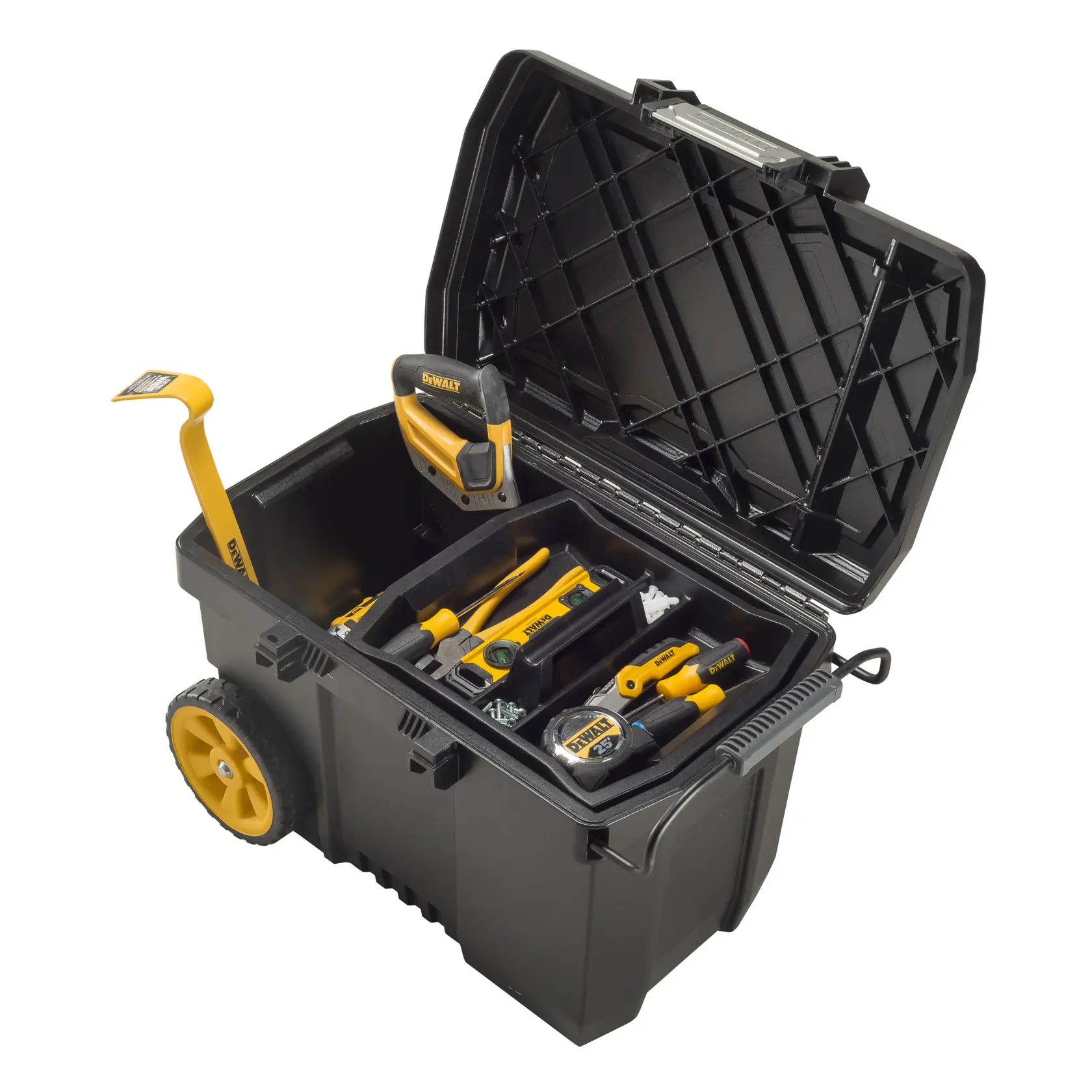 Open DEWALT black wheeled toolbox with various yellow hand tools and accessories organized inside.