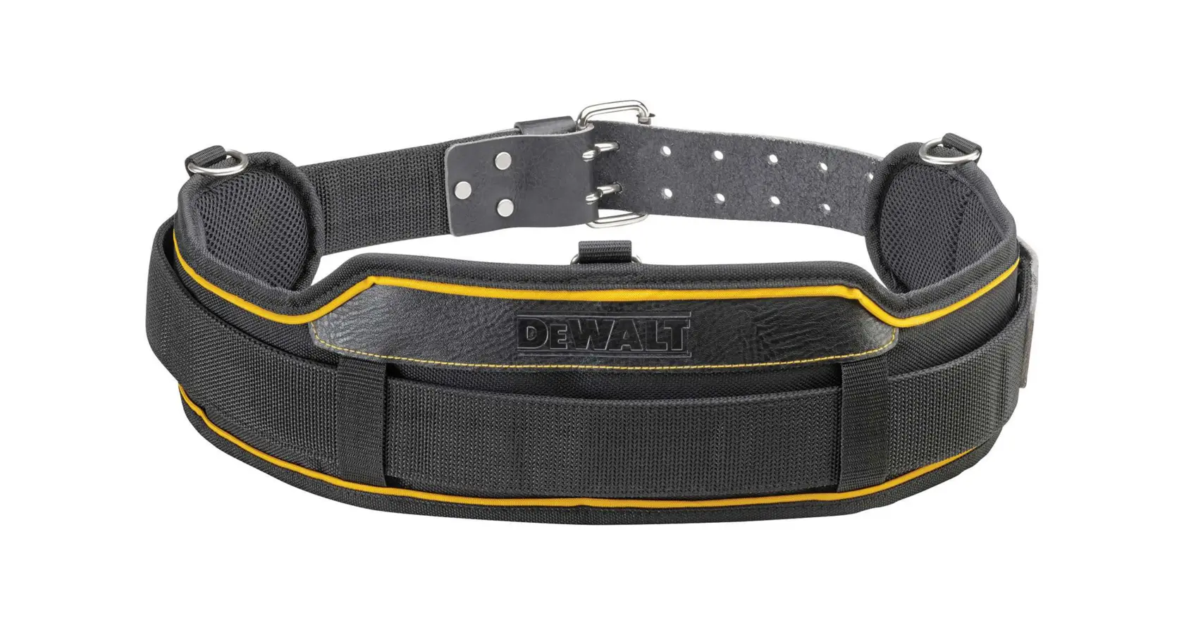 Cinturón para herramientas DEWALT DWST1-75651 negro, acolchado, ribete amarillo, hebilla ajustable.