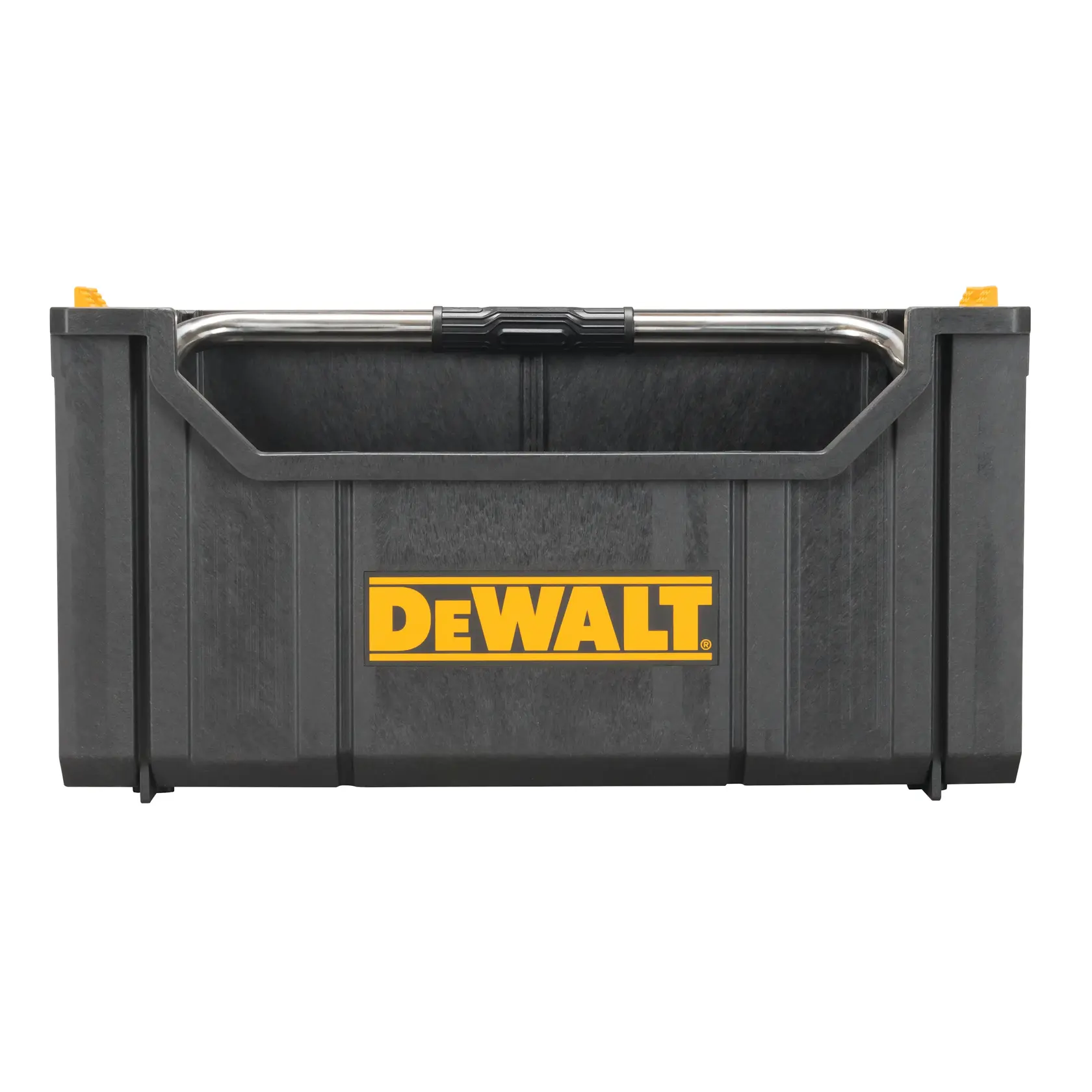Black DEWALT stackable tool box with yellow logo and metal handle, designed for secure storage and transport.