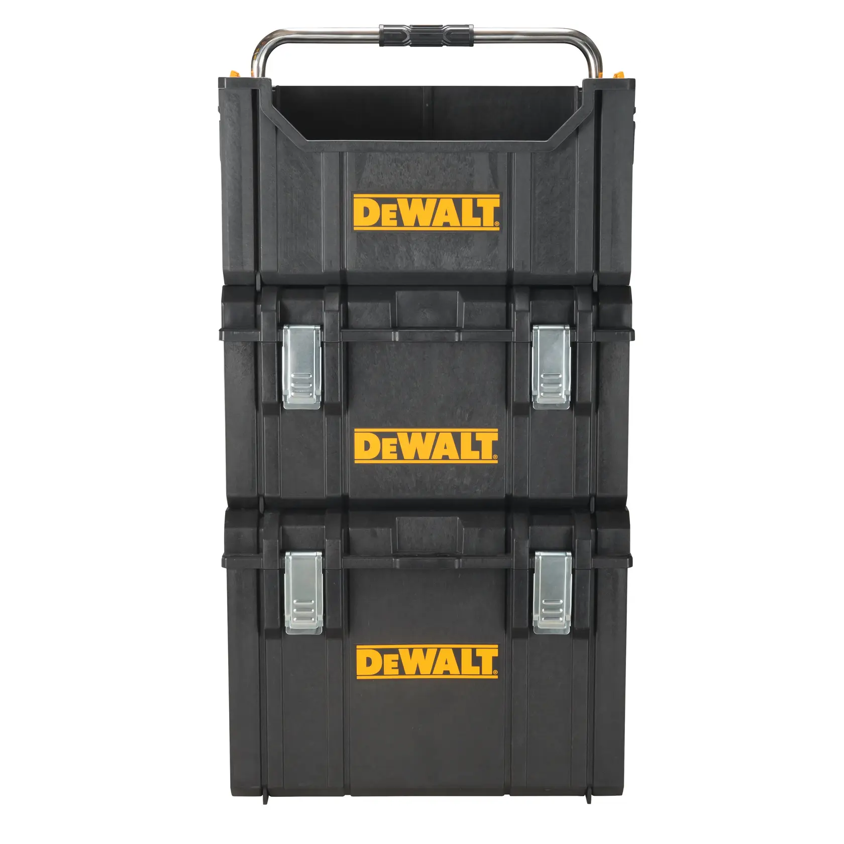 Stacked black DEWALT toolboxes with yellow logo and metal latches, featuring a metal carrying handle on top.