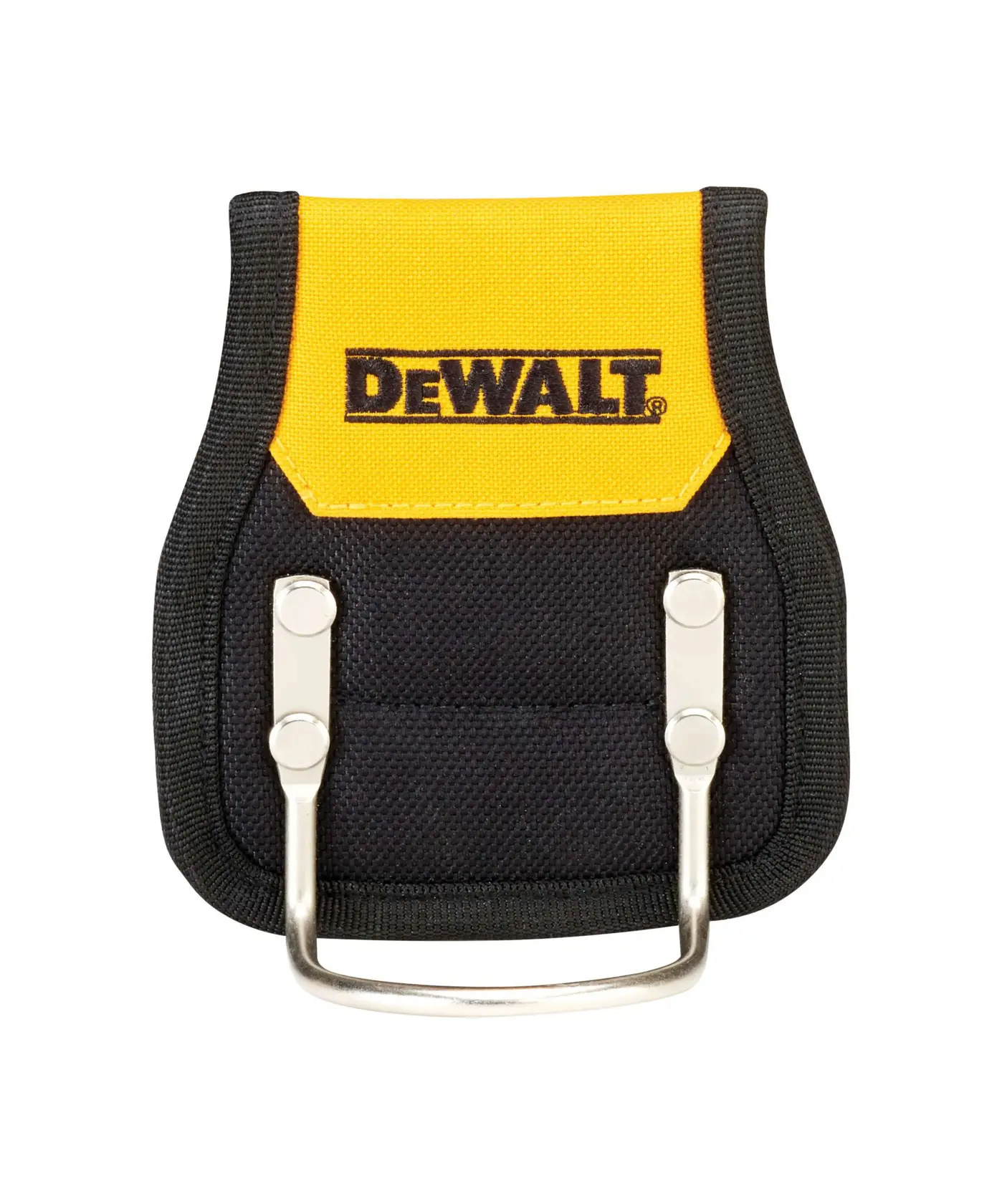 DEWALT tool holder with black and yellow fabric and metal hook for carrying tools on a belt.