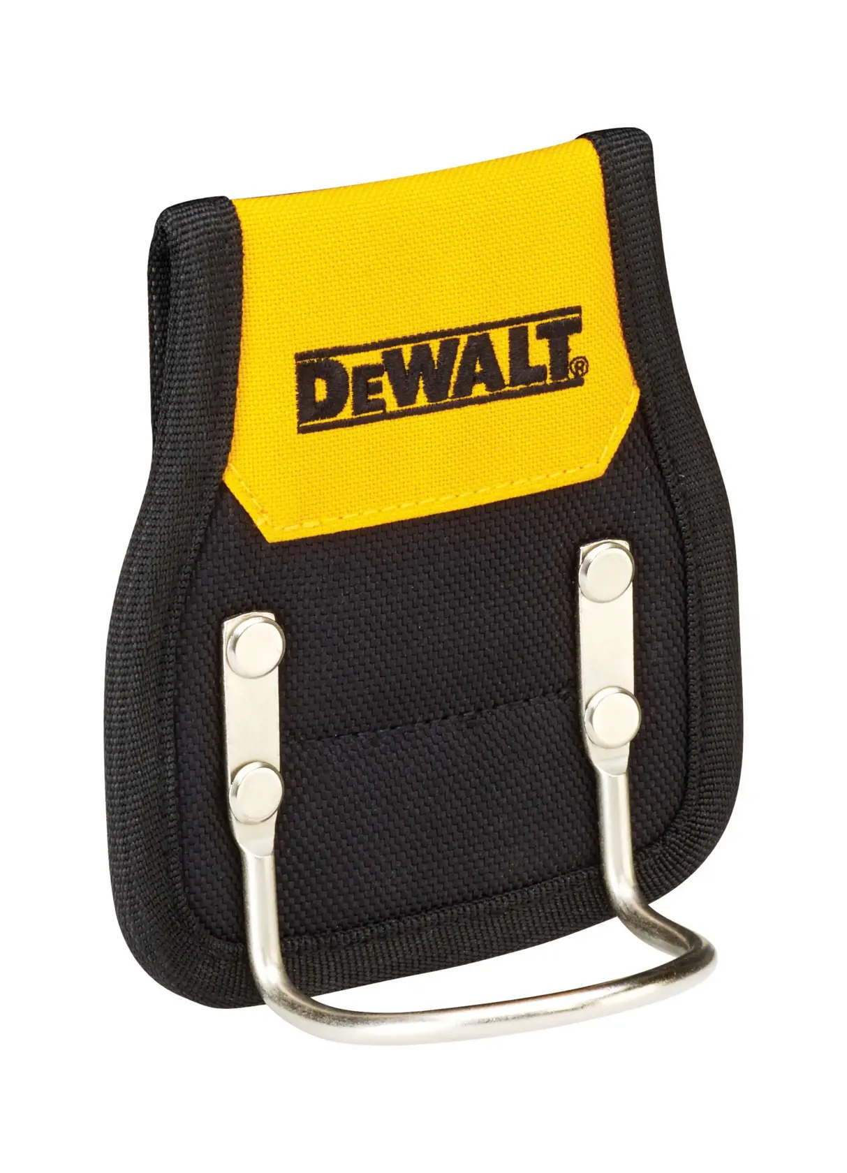 DEWALT black and yellow fabric hammer holder with metal loop for attaching tools.