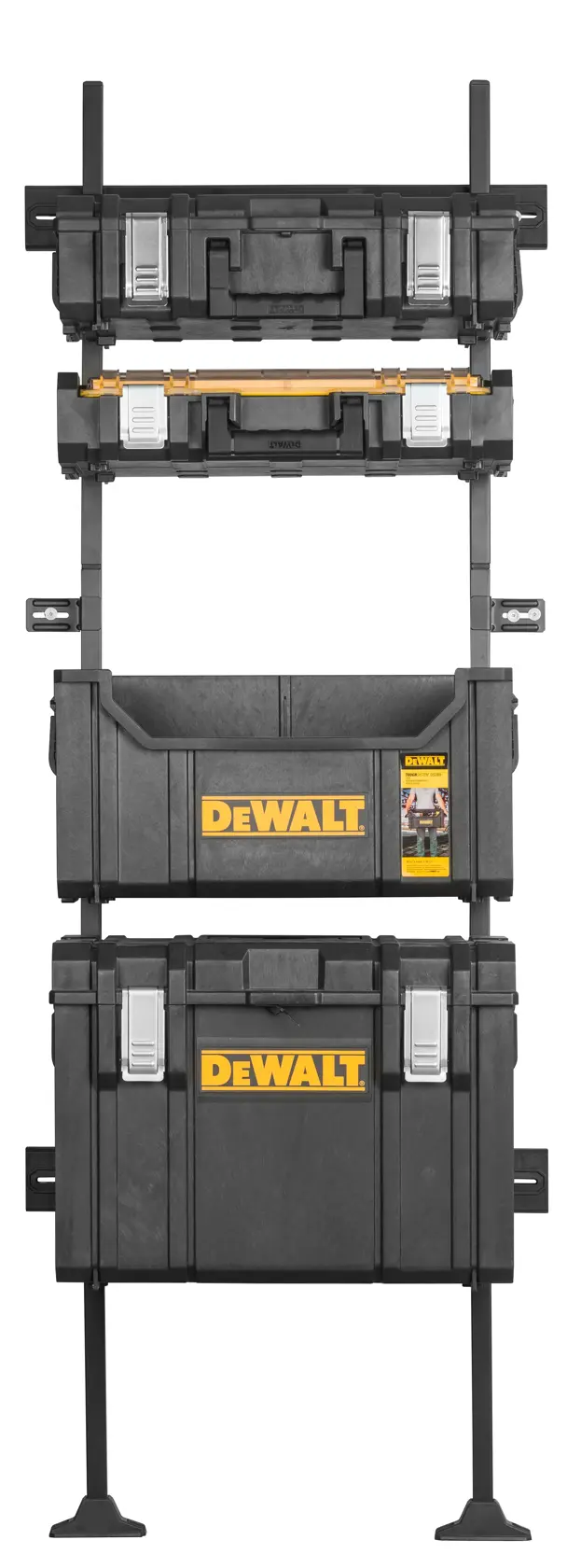 Cajas de herramientas DEWALT negras apiladas en estante vertical, cierres grises y logo amarillo.