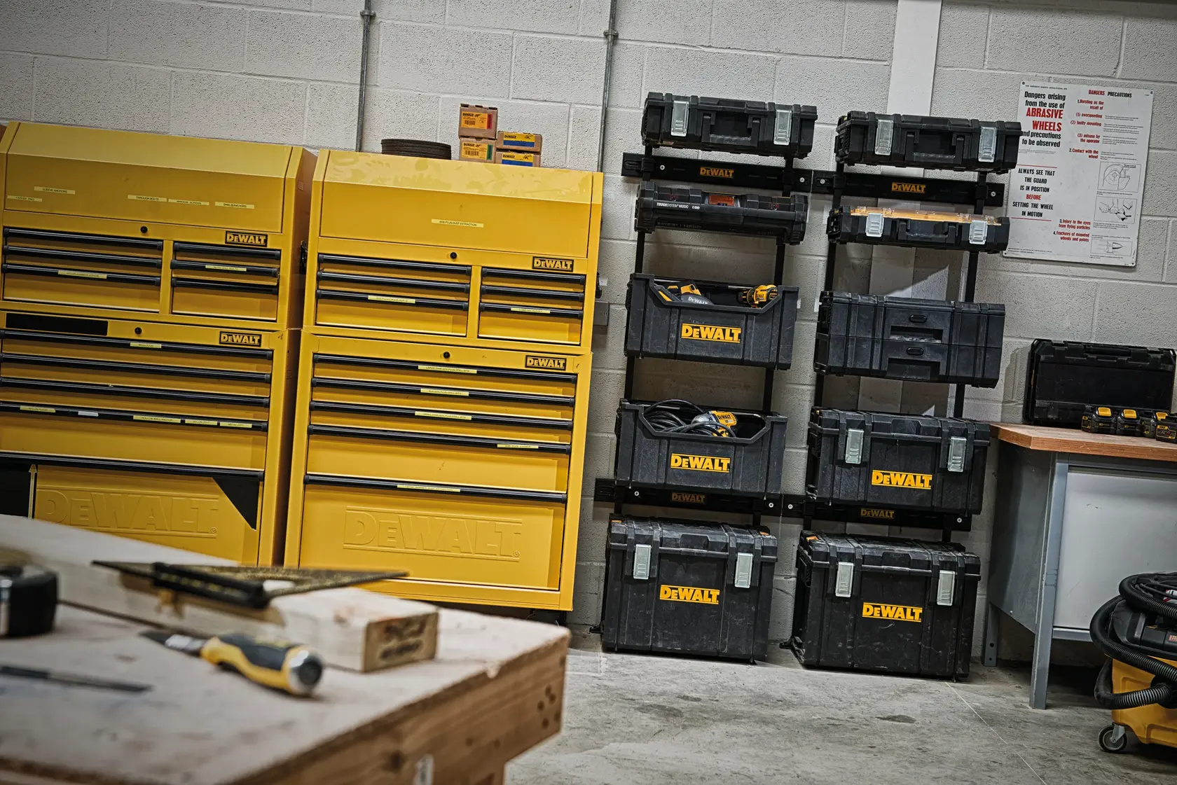 Cajas DEWALT y armarios de herramientas apilados en taller con herramientas sobre la mesa.
