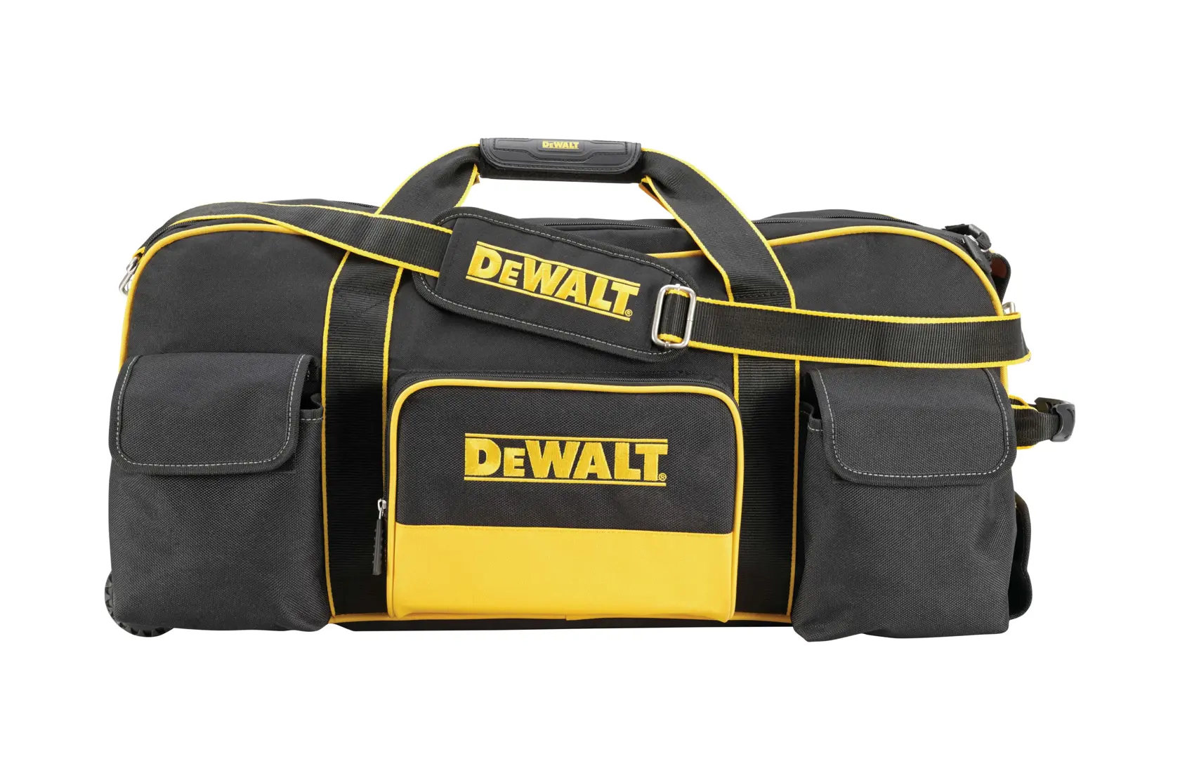Bolsa de herramientas DEWALT negra y amarilla con varios bolsillos, correa ajustable y logo frontal.