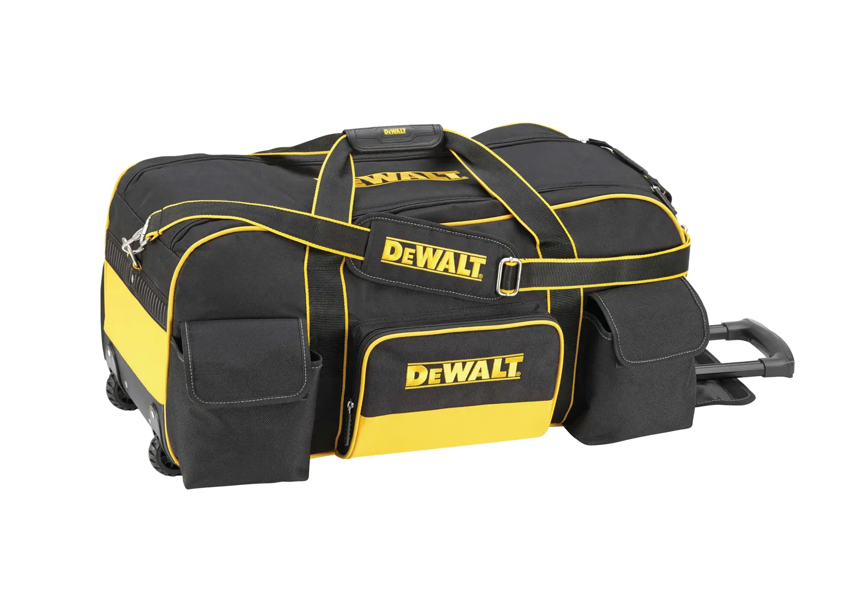 Bolsa para herramientas DEWALT negra y amarilla con ruedas, bolsillos y asa telescópica.