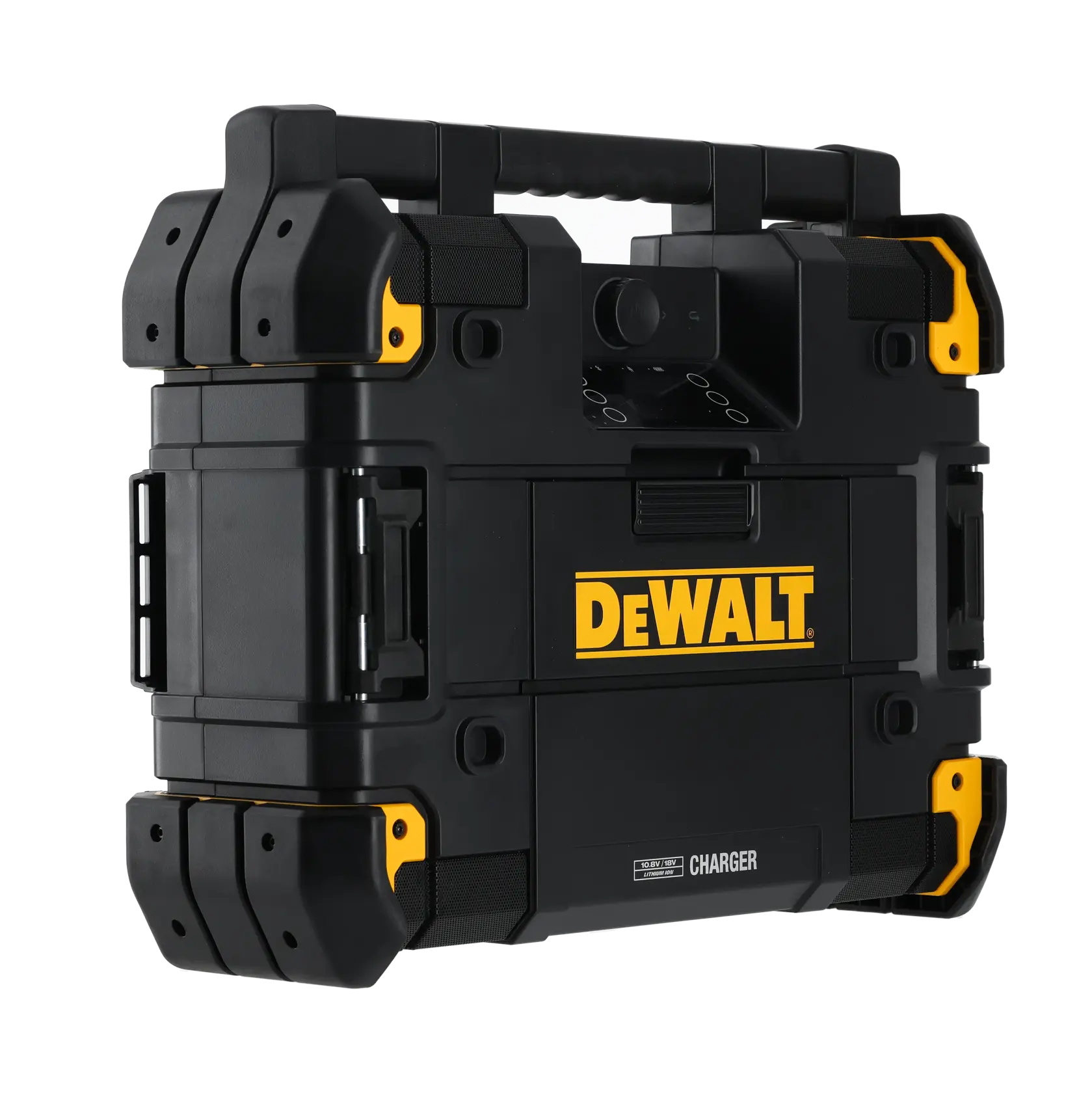 DEWALT DWST1-81078 tragbare schwarze und gelbe Werkzeugbox mit Griff und Ladefunktion.