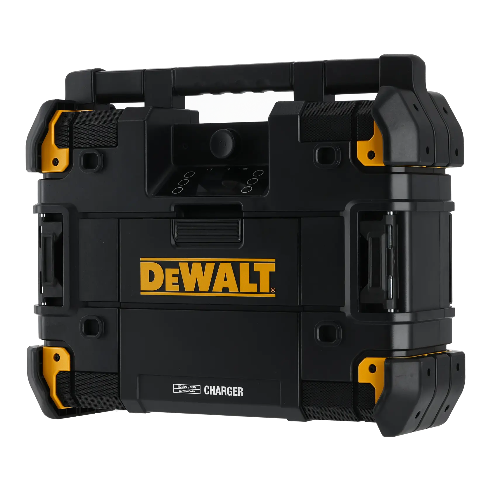 DEWALT schwarze Werkzeugkiste mit gelben Akzenten und Griff, vorne als Ladegerät gekennzeichnet.