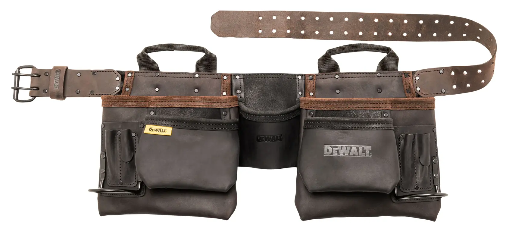 Cinturón de herramientas DEWALT de cuero negro con varios bolsillos y correa ajustable resistente.