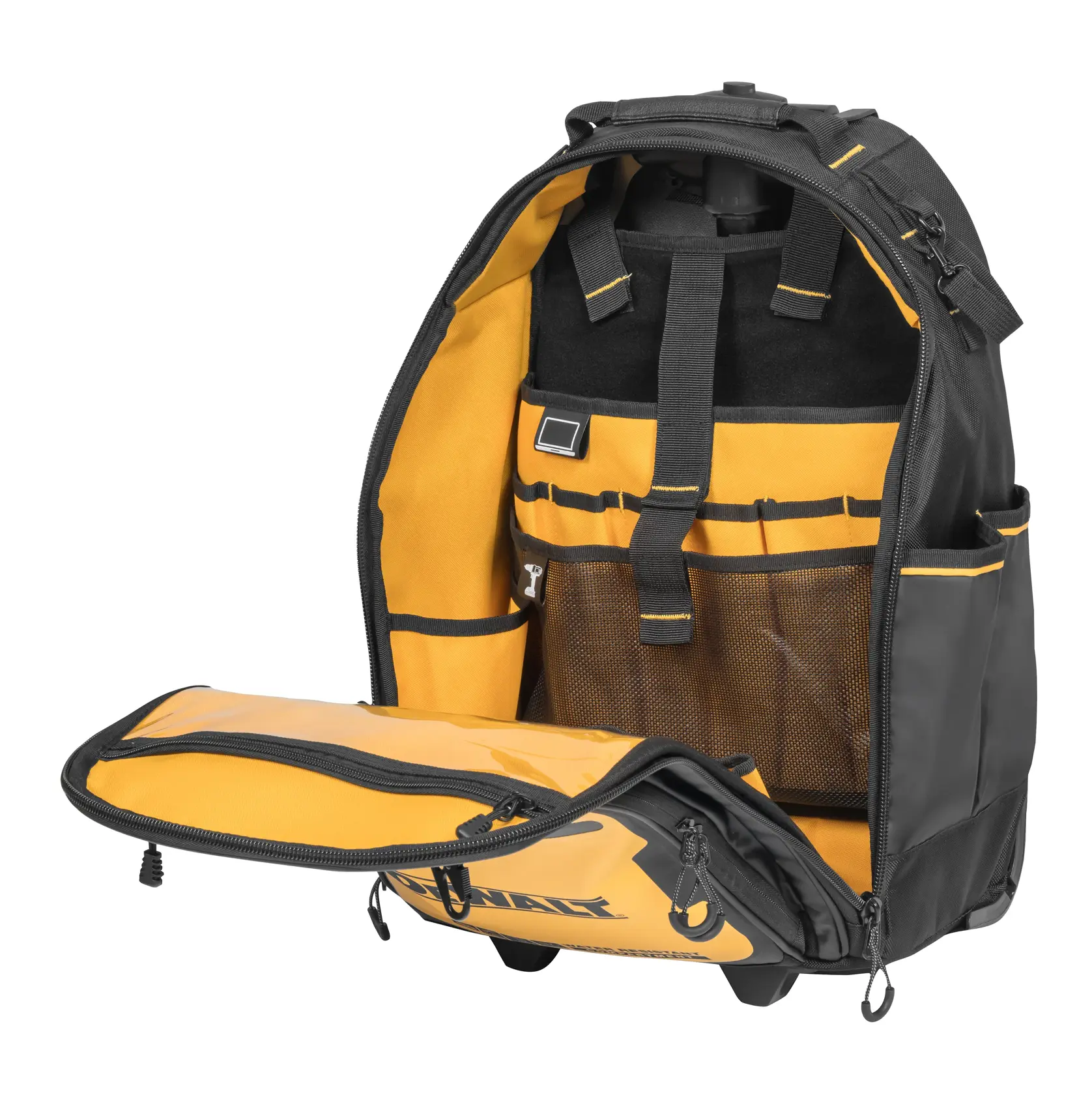 DEWALT backpack with open zip, showing organized compartments for tools and accessories.