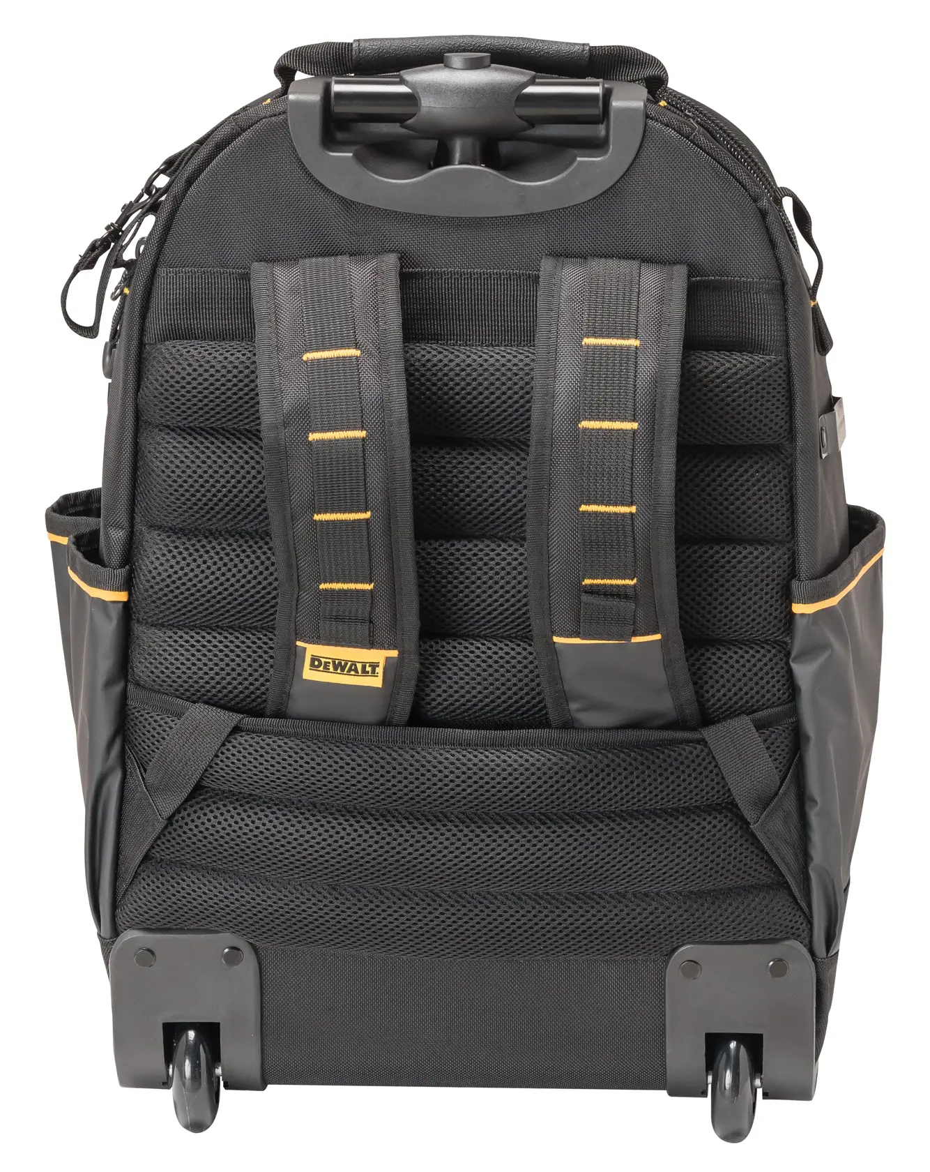 DEWALT black tool backpack with padded straps, side pockets, trolley handle, and wheels.