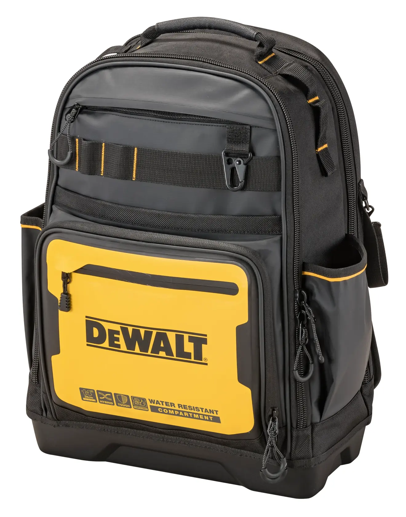 DEWALT black and yellow backpack with multiple compartments and water-resistant front pocket.