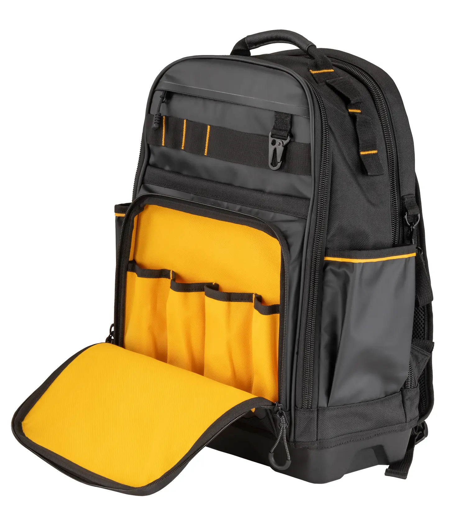 Black and yellow DEWALT backpack with open front pocket showing interior tool slots and compartments.