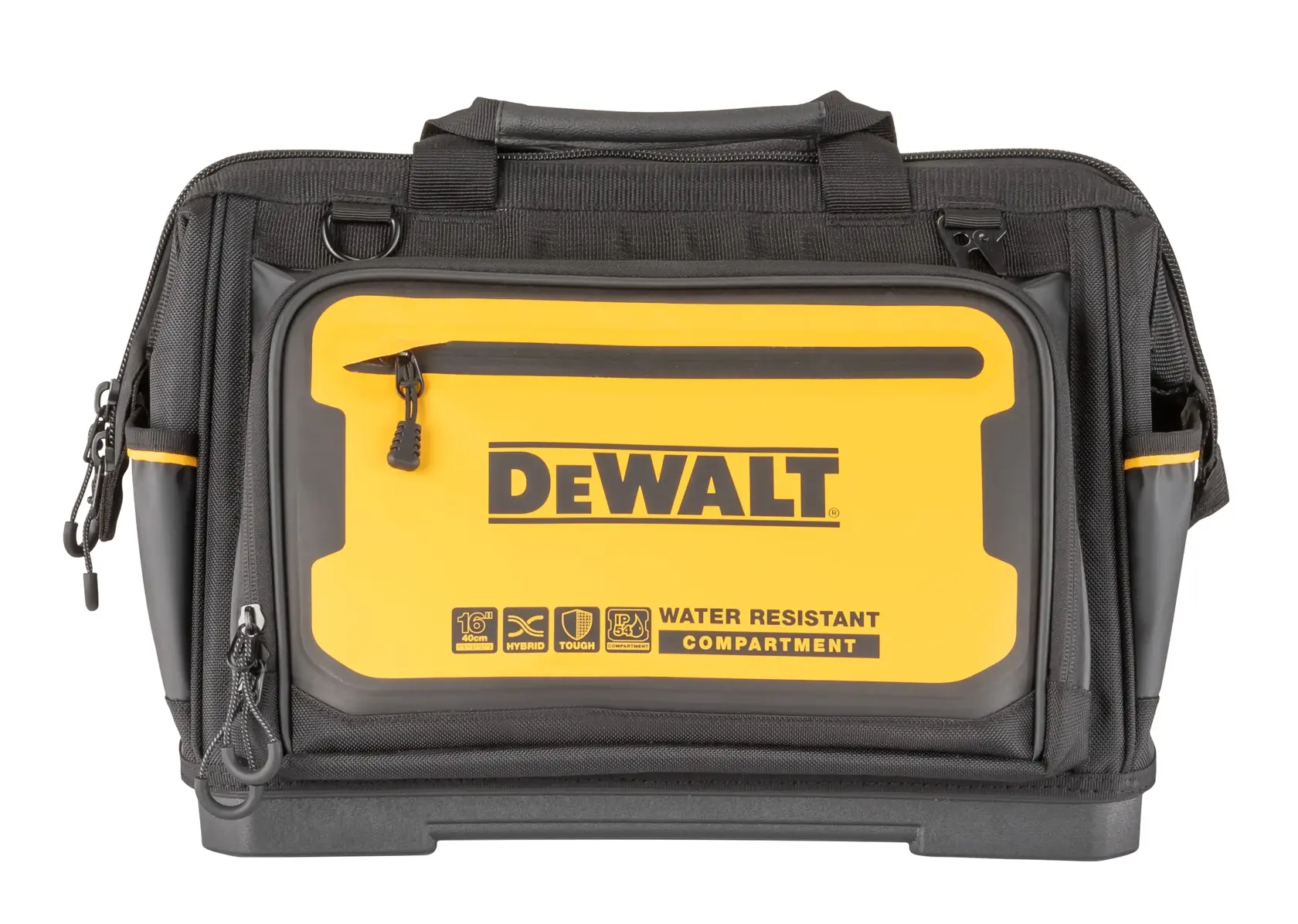 Bolsa de herramientas DEWALT negra y amarilla con compartimento resistente al agua y bolsillos con cremallera.