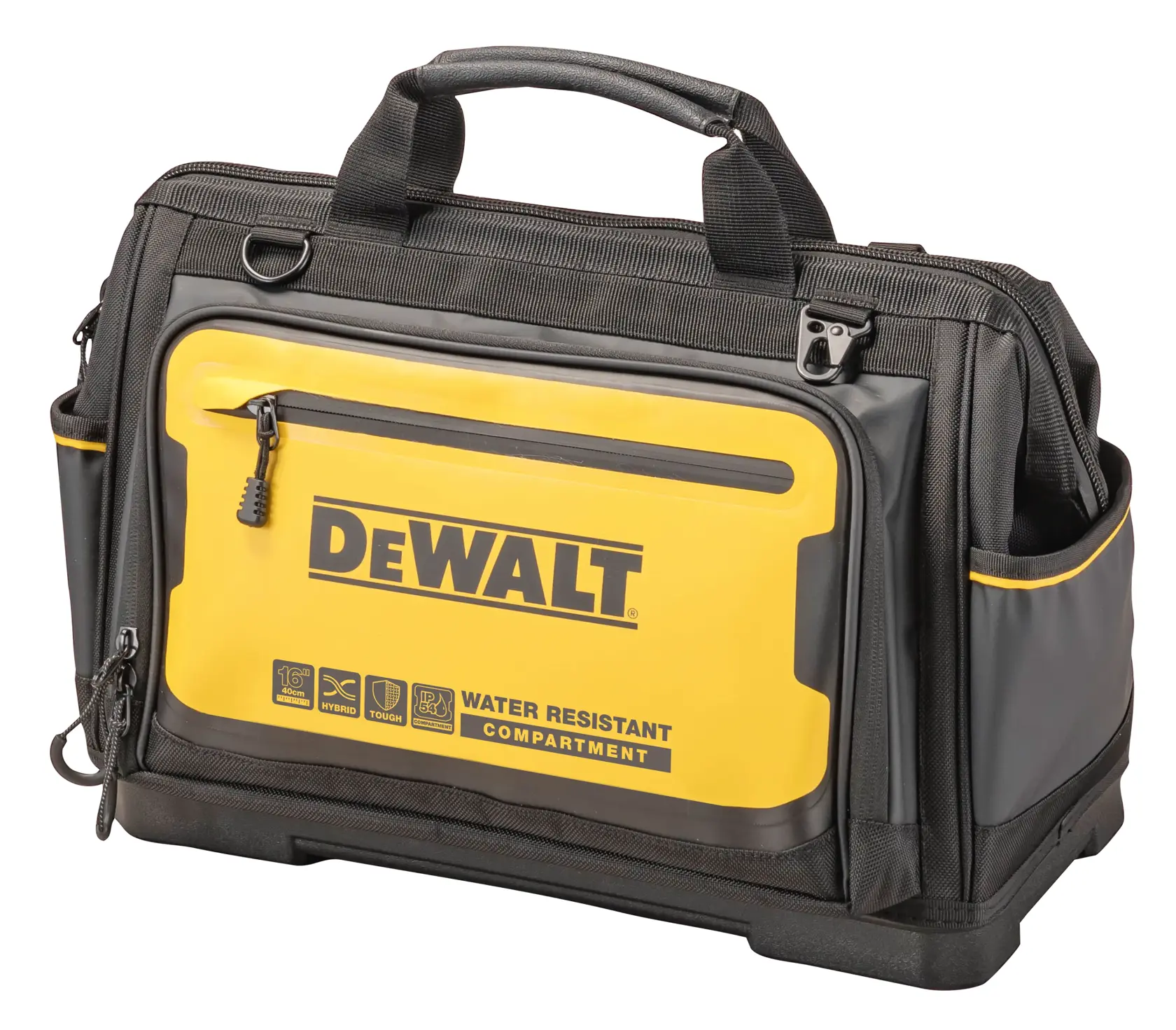 Bolsa de herramientas DEWALT negra y amarilla con compartimento resistente al agua y bolsillos laterales.