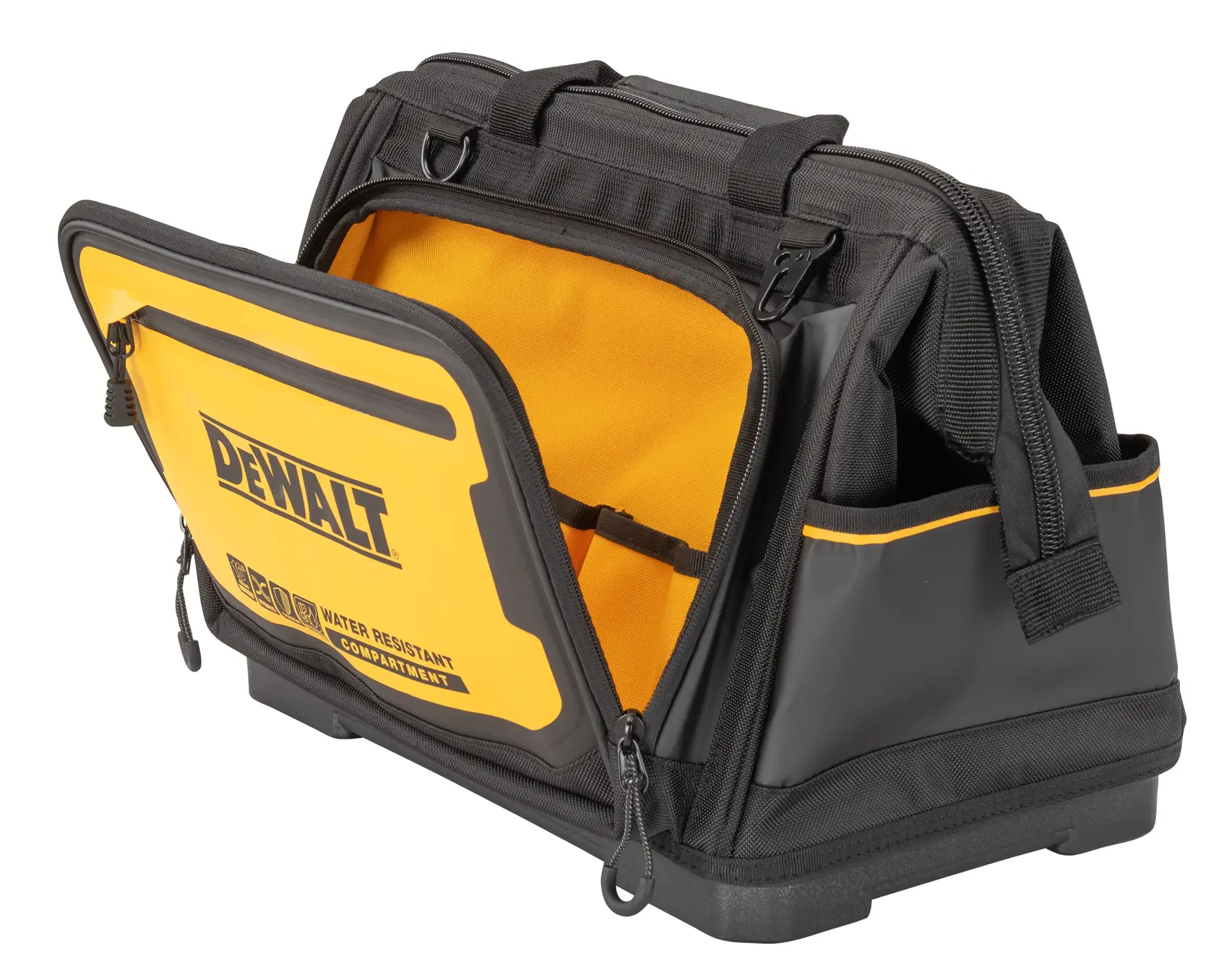 Bolsa DEWALT negra y amarilla con compartimento frontal resistente al agua y bolsillos laterales.