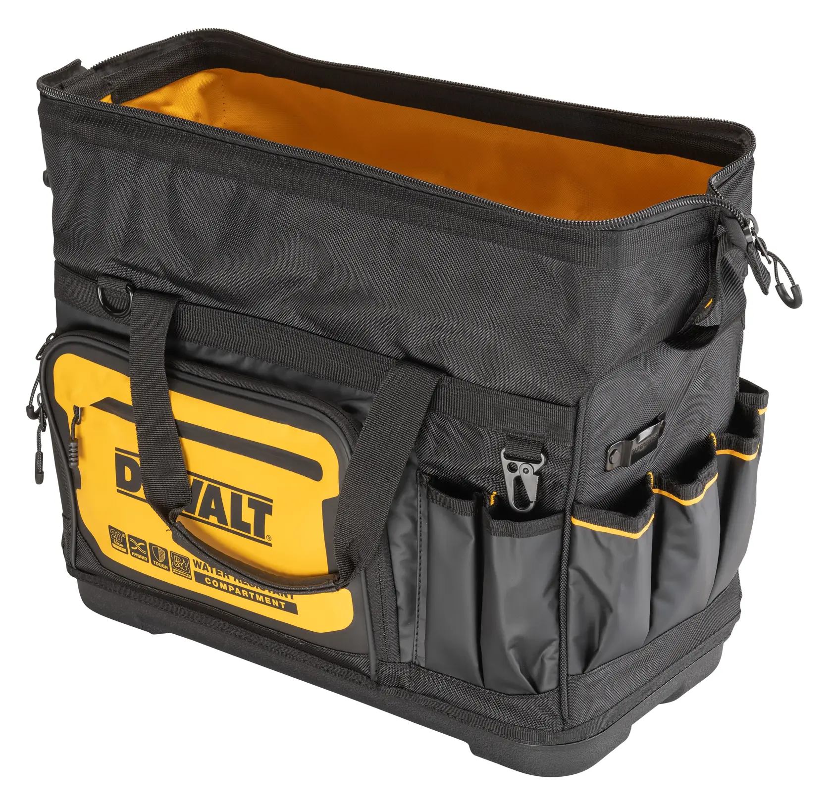 DEWALT black and yellow tool bag with multiple pockets and zippered compartments, suitable for carrying equipment.