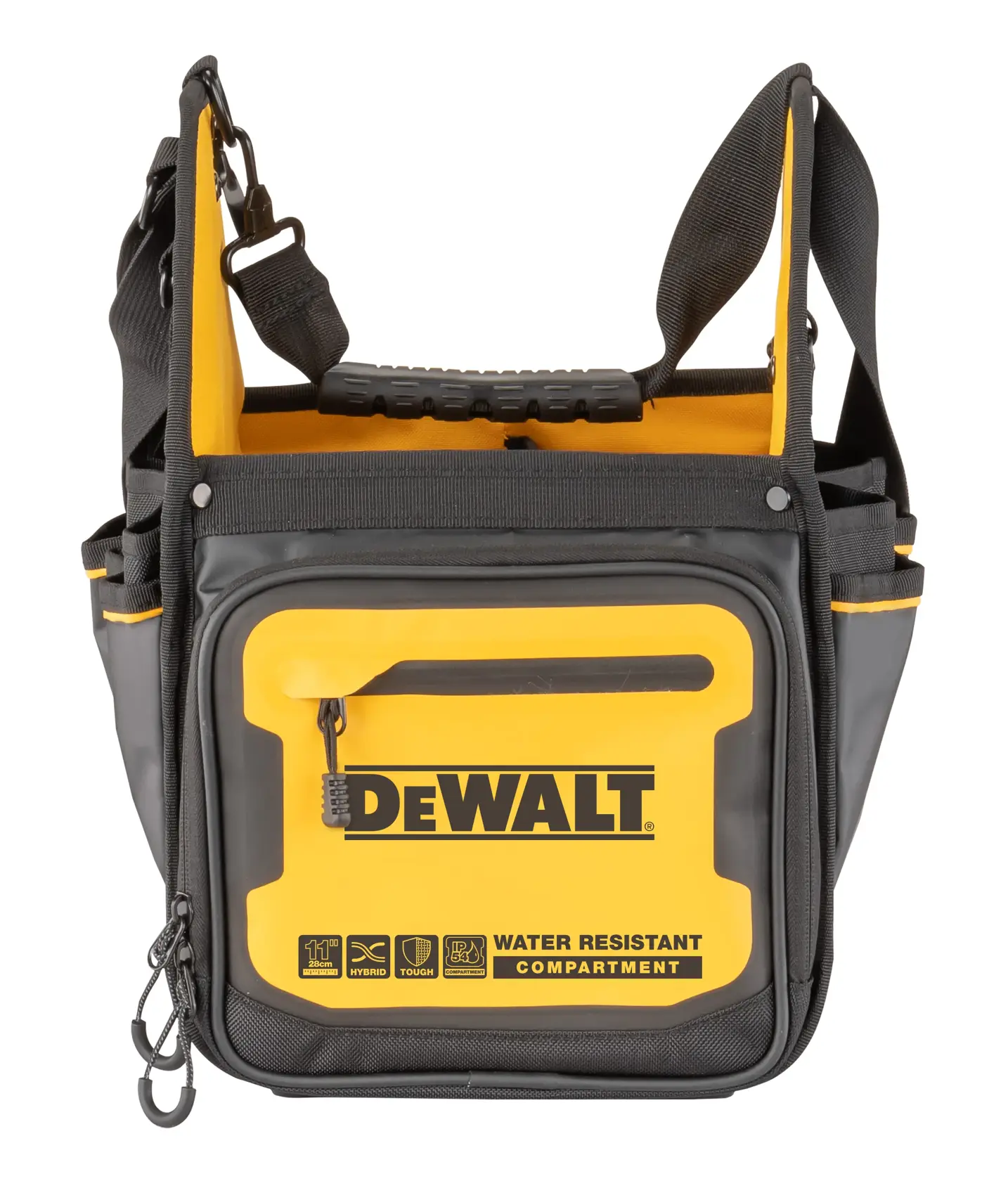 DEWALT black and yellow water-resistant compartment bag with shoulder strap and handle.