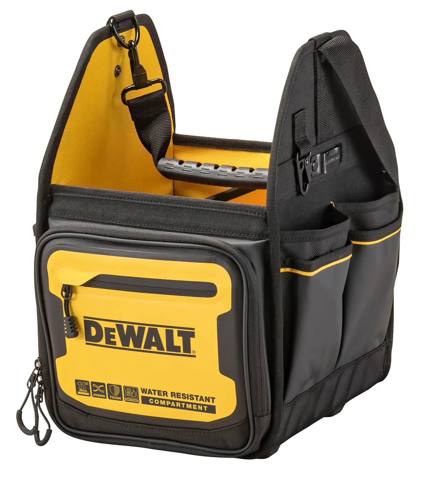 DEWALT tool bag with water resistant compartment, multiple pockets, and yellow-black design.