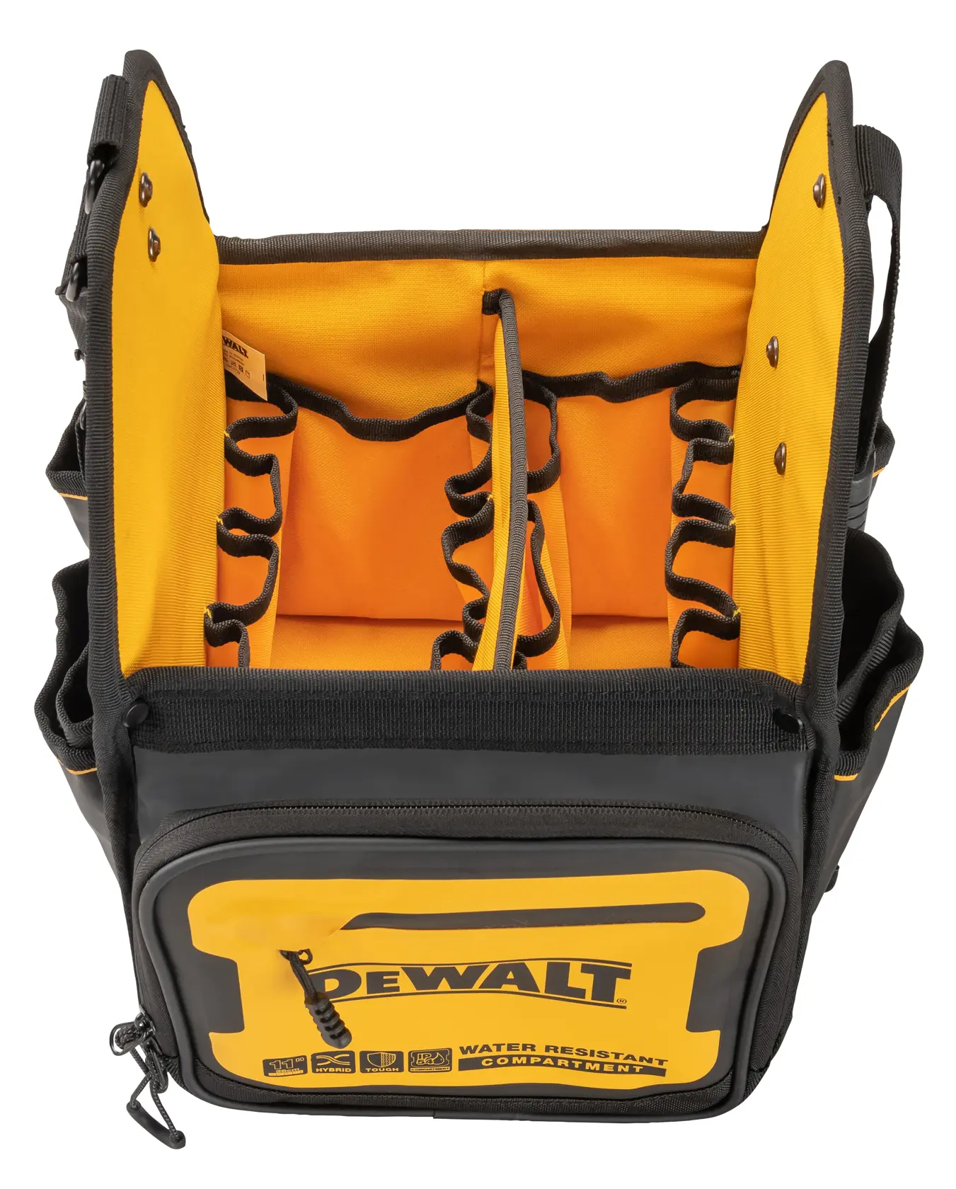 DEWALT tool bag with yellow interior, multiple compartments, and exterior pocket. Water resistant compartment shown.