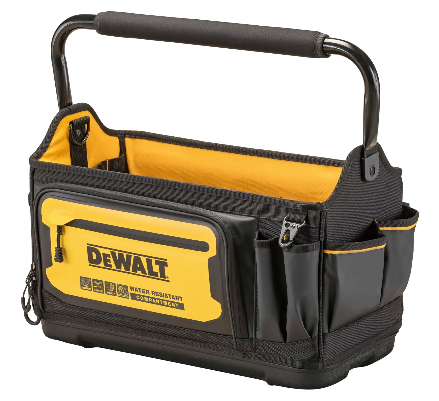 DEWALT black and yellow open tool bag with pockets, handle, and water resistant compartment.