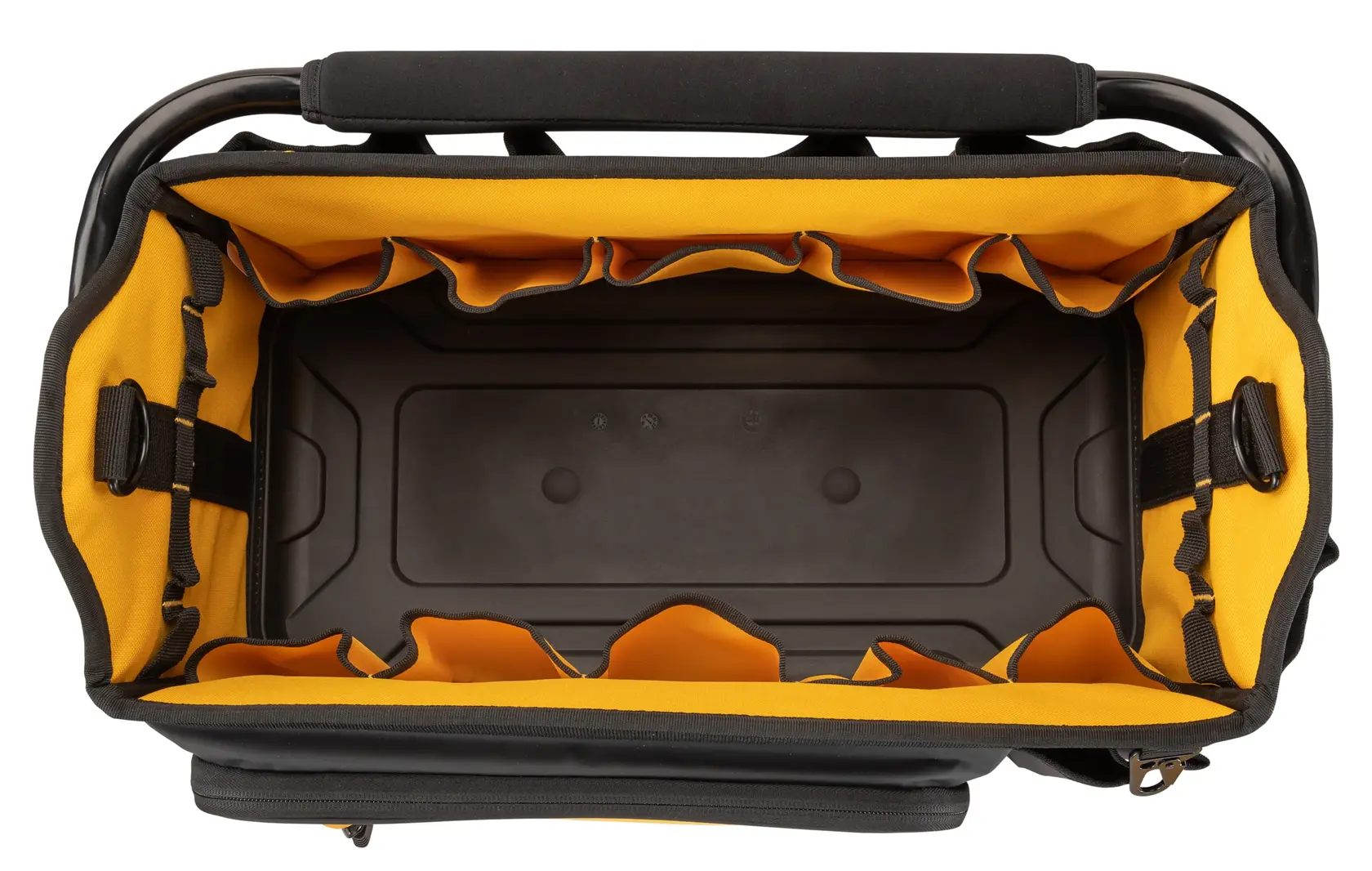 Top view of an empty DEWALT tool bag with yellow lining and multiple interior pockets.