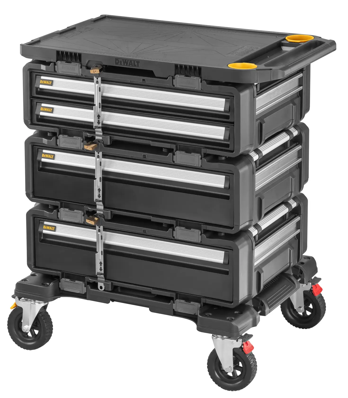DEWALT rolling tool chest with three stacked drawers, black and silver, sturdy wheels, designed for tool storage.