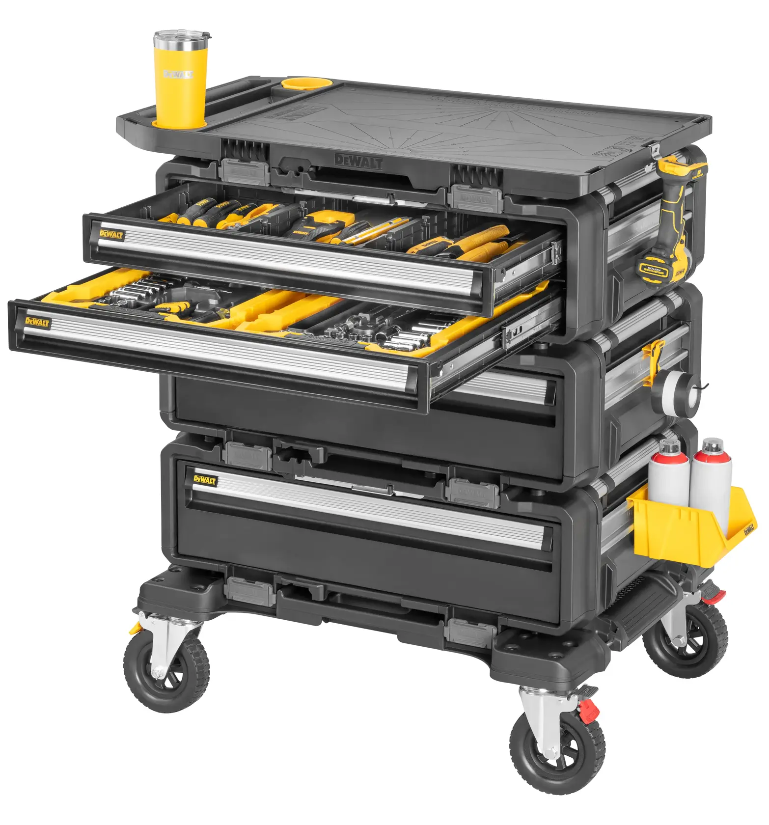 DEWALT mobile tool storage cart with drawers open, showing organized tools and accessories on wheels.