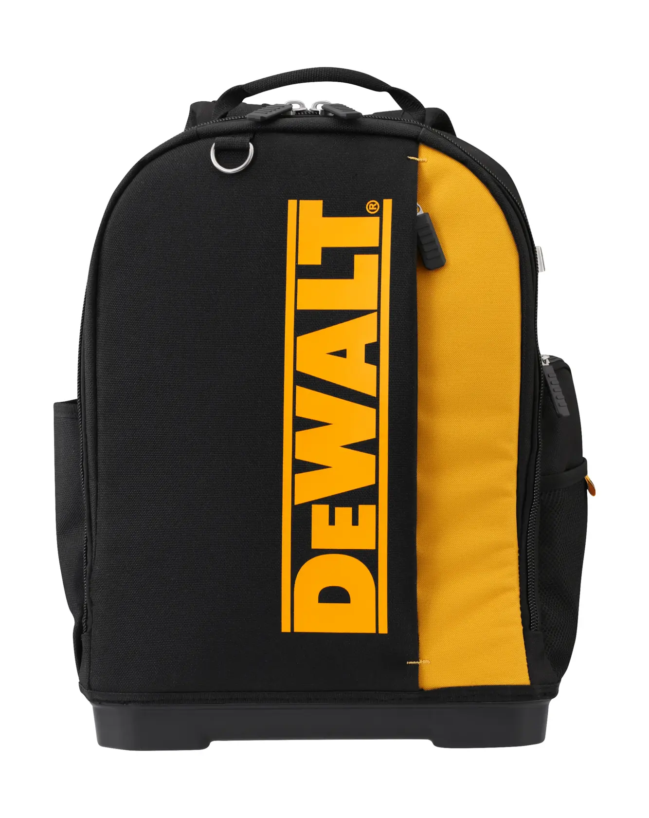 Black and yellow DEWALT backpack with bold logo, sturdy handle, and zippered compartments, front view.