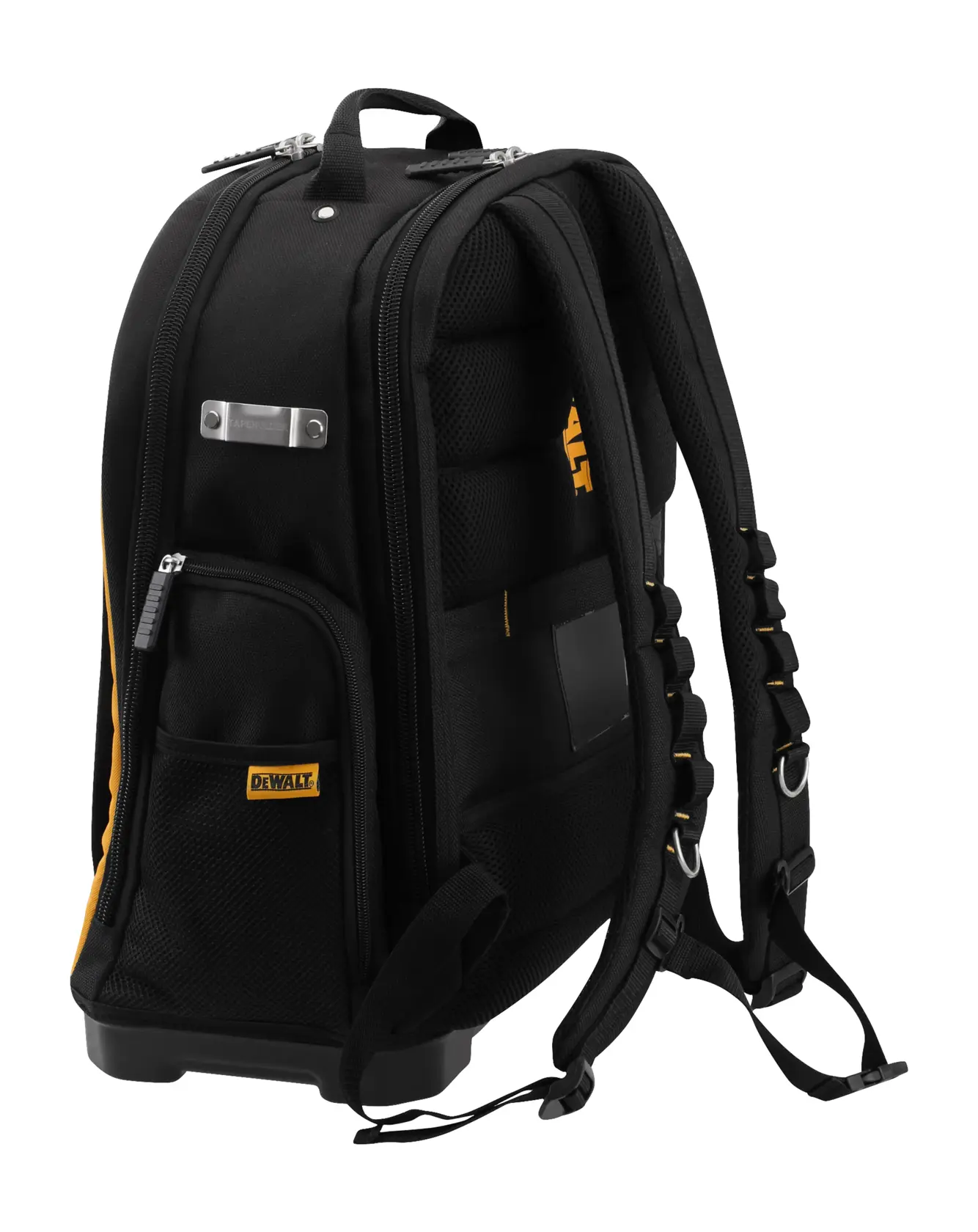 Black DEWALT backpack with padded straps, multiple pockets, and reinforced base, shown angled on a white background.