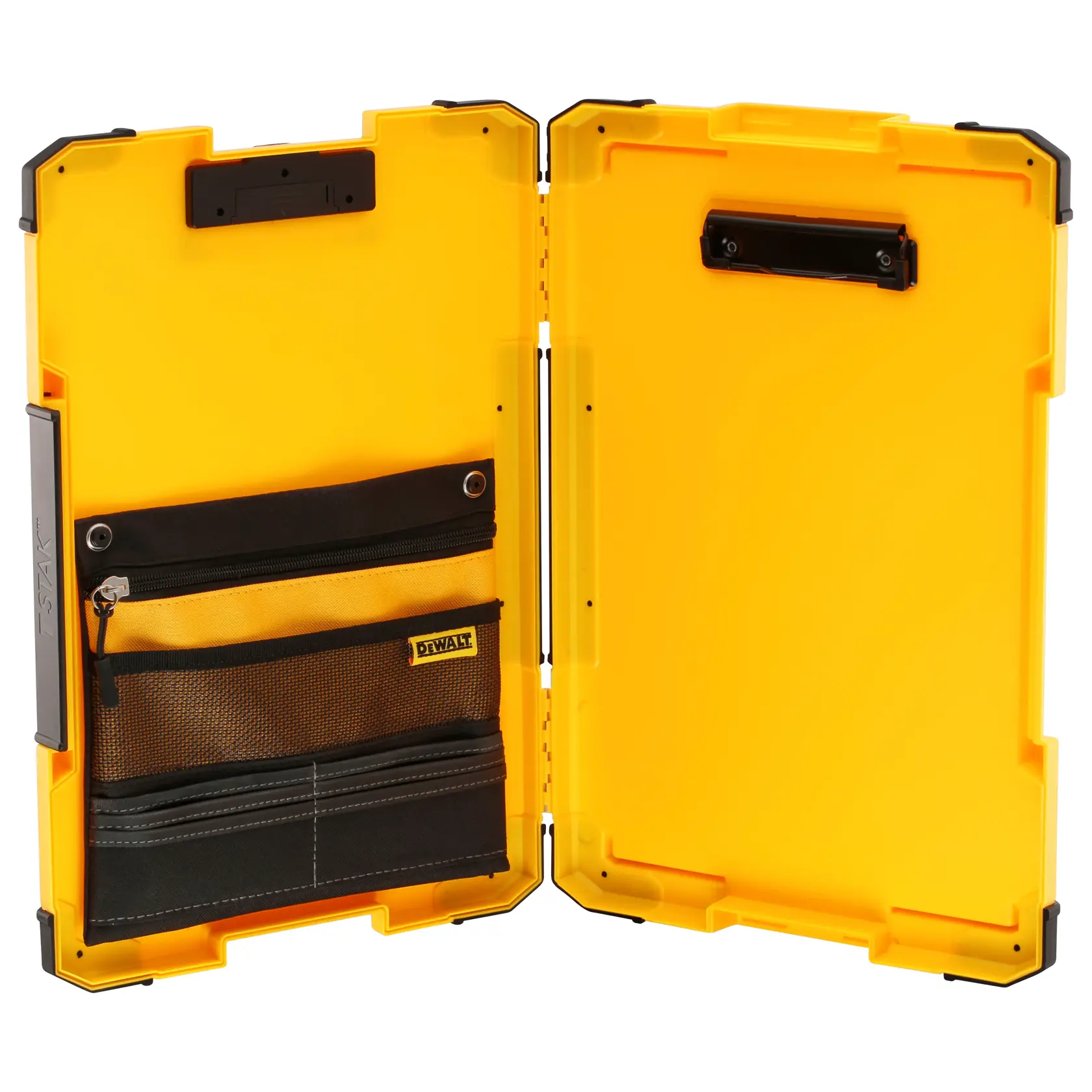 Yellow DEWALT case open, showing interior pockets and compartments for storage and organization.
