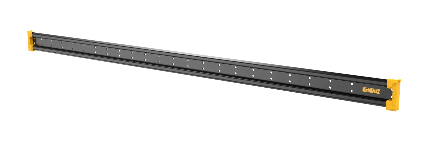 DEWALT schwarze Metallschiene mit gelben Endkappen zum Werkzeugmontieren und Organisieren.