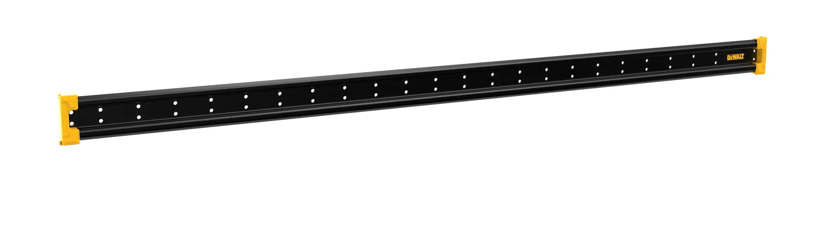 Schwarze DEWALT Wand-Schiene mit gelben Enden, Metall, Montage-Löchern, zur Werkzeugaufbewahrung.