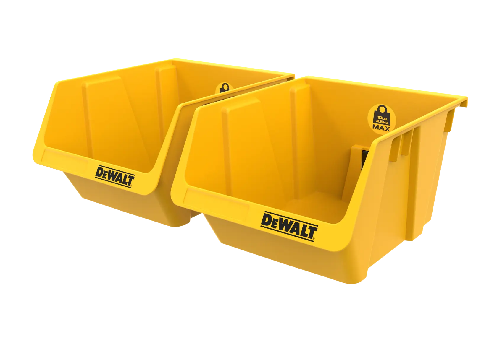 Zwei gelbe DEWALT Kunststoff-Staufächer mit offener Vorderseite, ideal zum Organisieren von Werkzeugen oder Teilen.