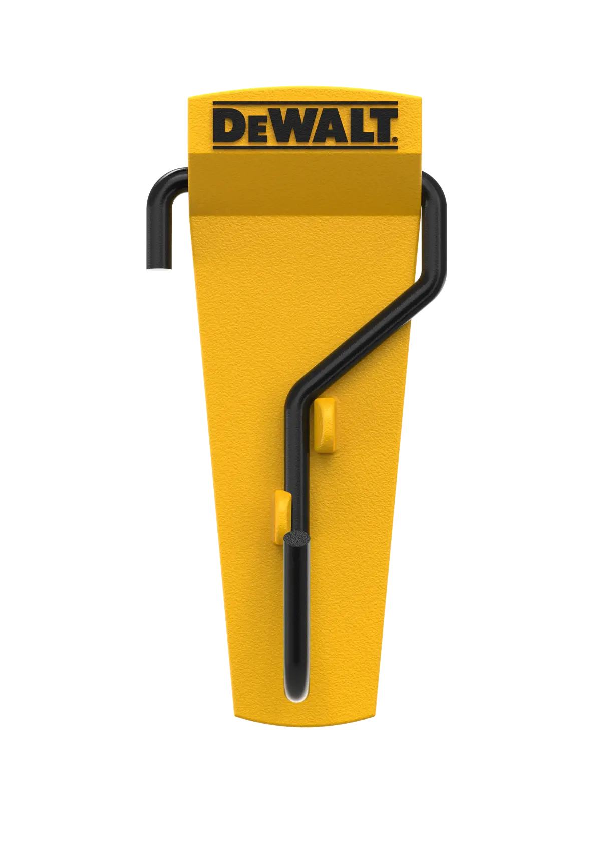 Gelber DEWALT Wandhaken zur Werkzeugaufbewahrung mit schwarzem Metallhaken, Logo oben. Vertikal ausgerichtet.