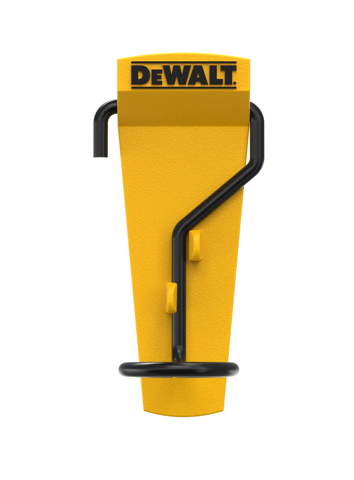 Gelber DEWALT Kamerahalter mit schwarzem Metallhaken zum Befestigen von Geräten.