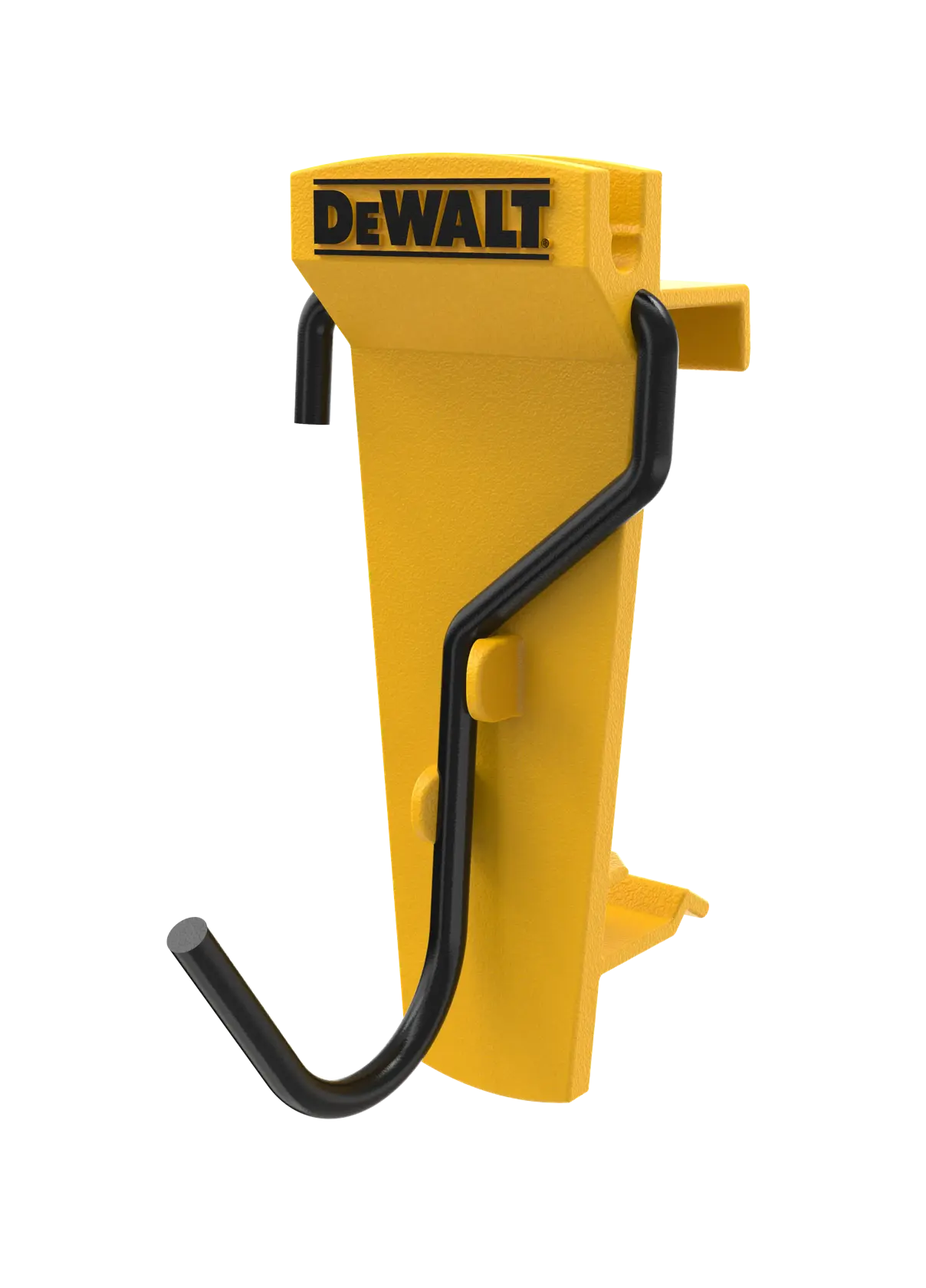 Gelber DEWALT Wandhaken mit schwarzem Metallarm zur Aufbewahrung von Werkzeugen oder Zubehör.