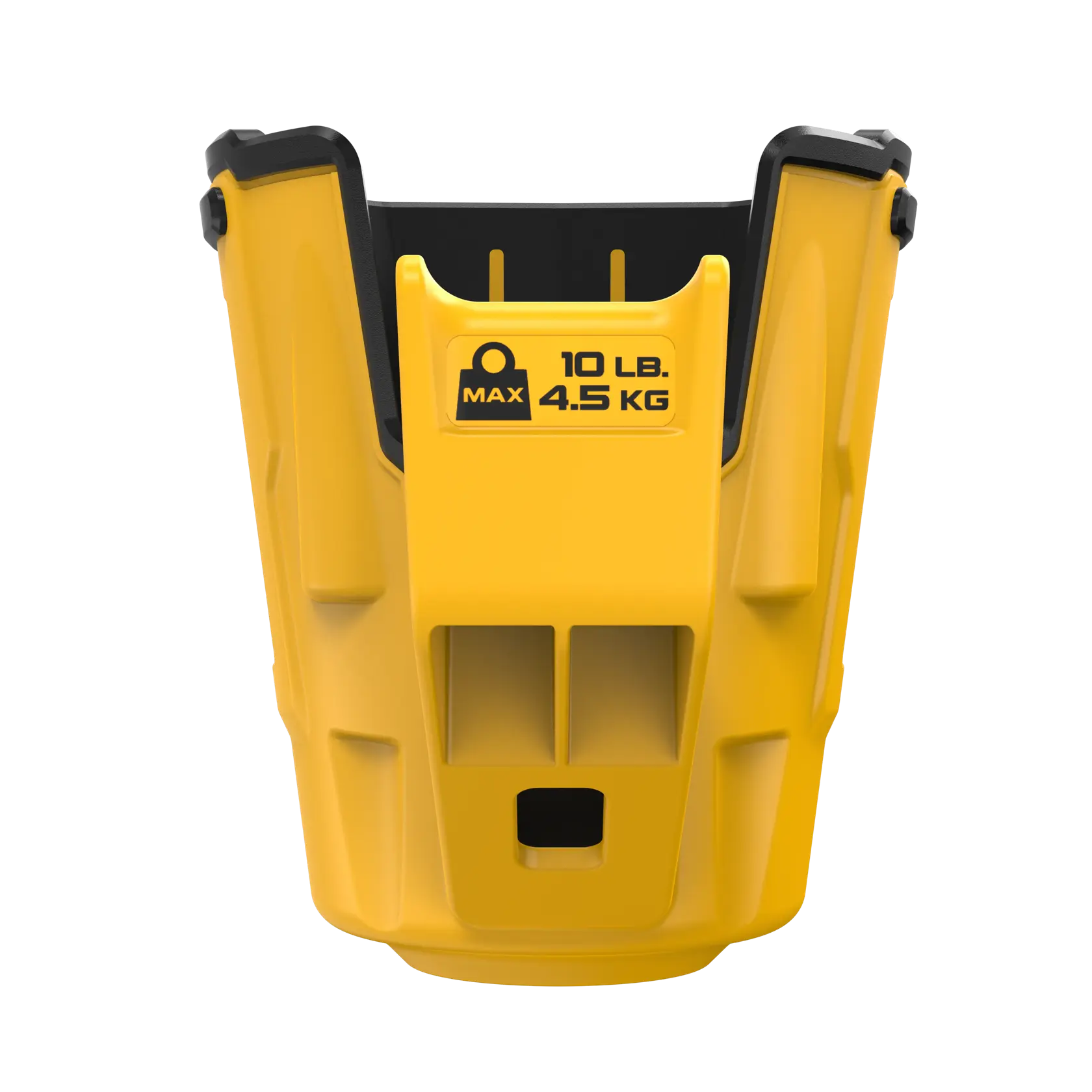 Yellow DEWALT bucket accessory, max load 10 lb (4.5 kg), sturdy plastic, black accents, front view.